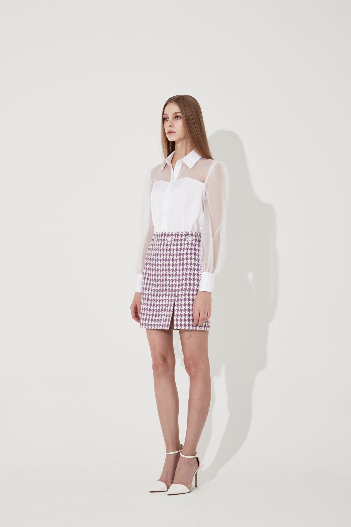 채뉴욕(CHAENEWYORK) Hound tooth check Eyelet Skirt [Purple]