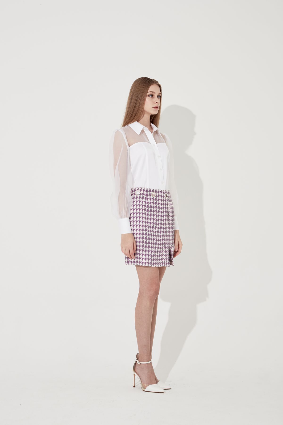 채뉴욕(CHAENEWYORK) Hound tooth check Eyelet Skirt [Purple]
