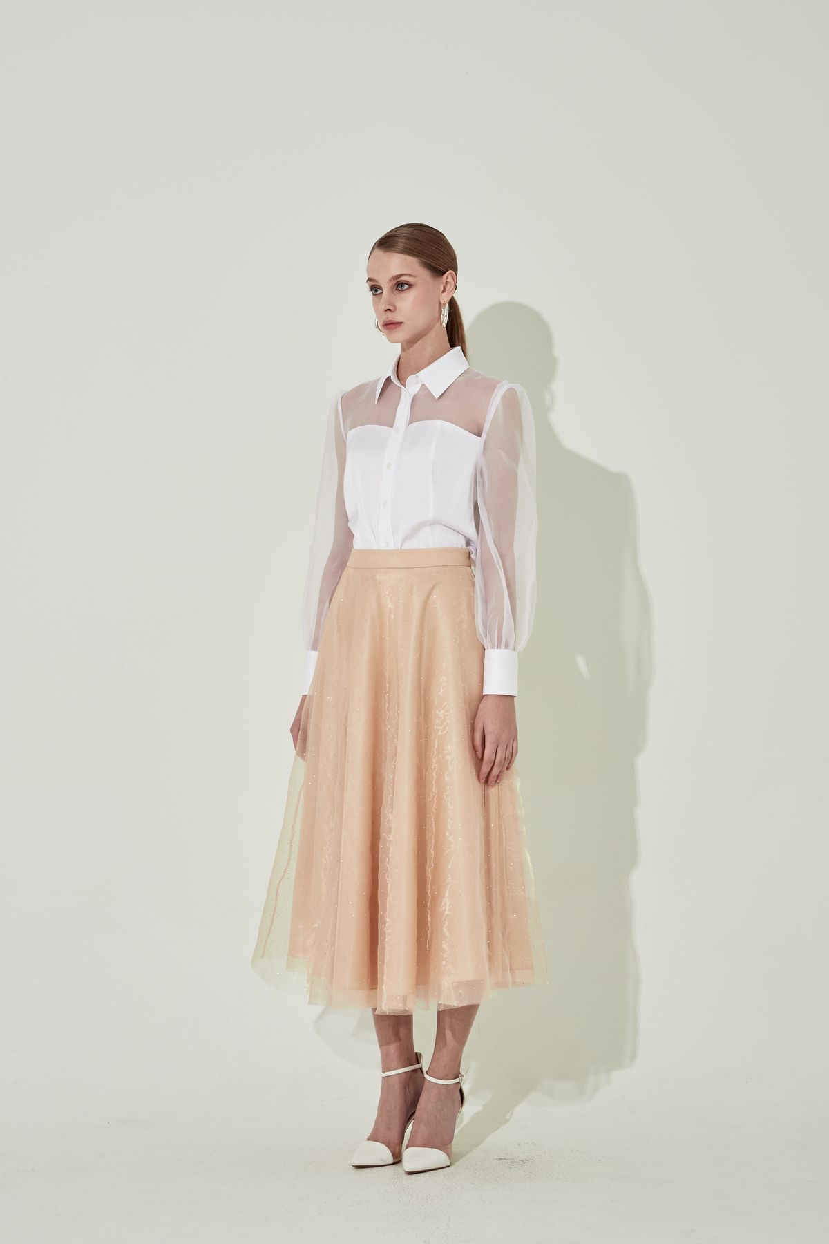 채뉴욕(CHAENEWYORK) Silver Stud Flare Skirt [Nude]