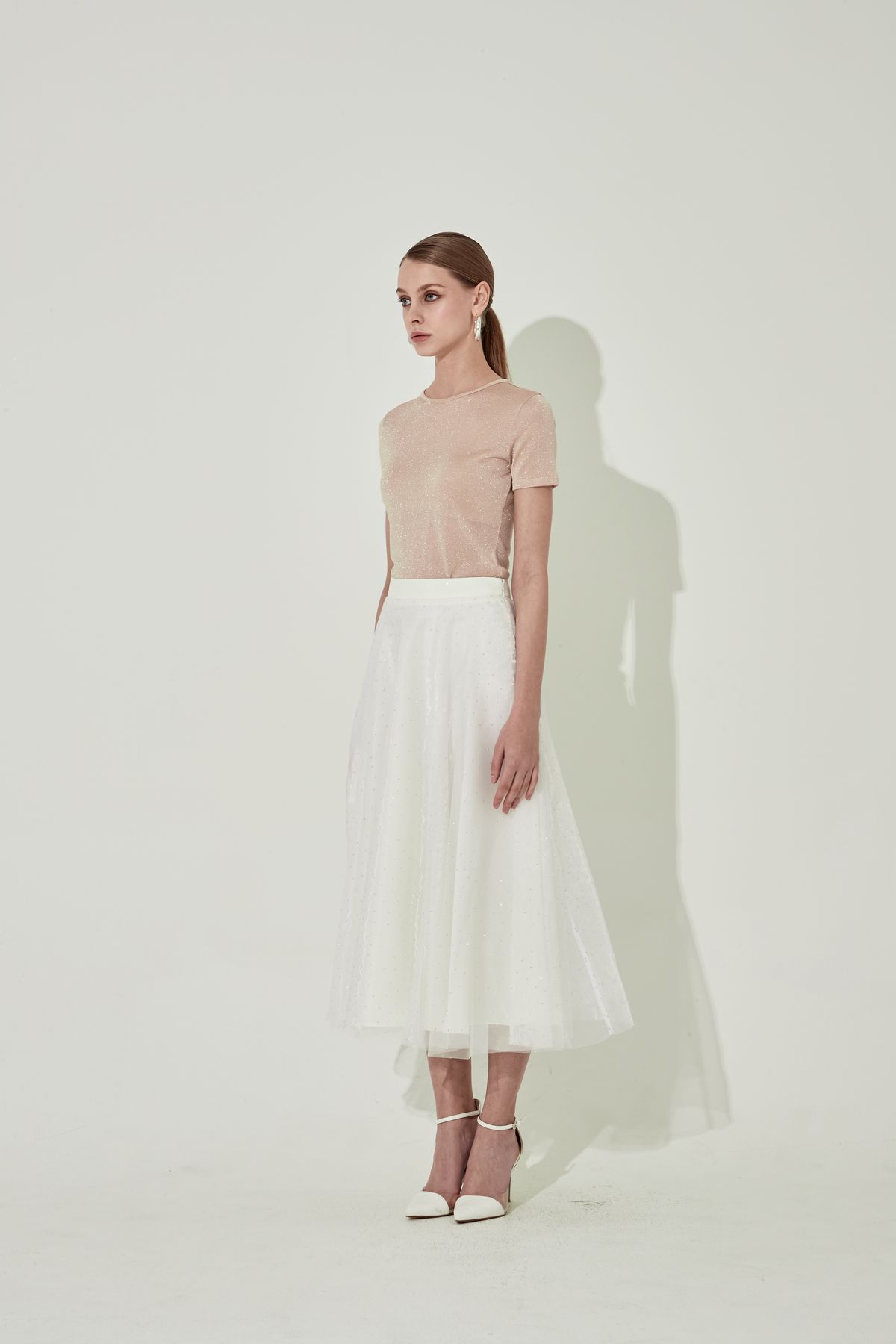 채뉴욕(CHAENEWYORK) Silver Stud Flare Skirt [White]