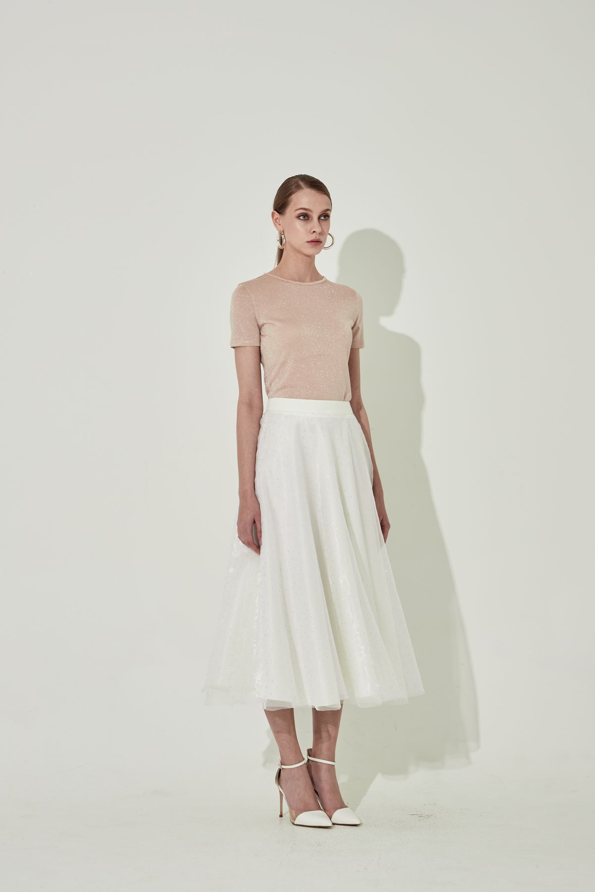 채뉴욕(CHAENEWYORK) Silver Stud Flare Skirt [White]
