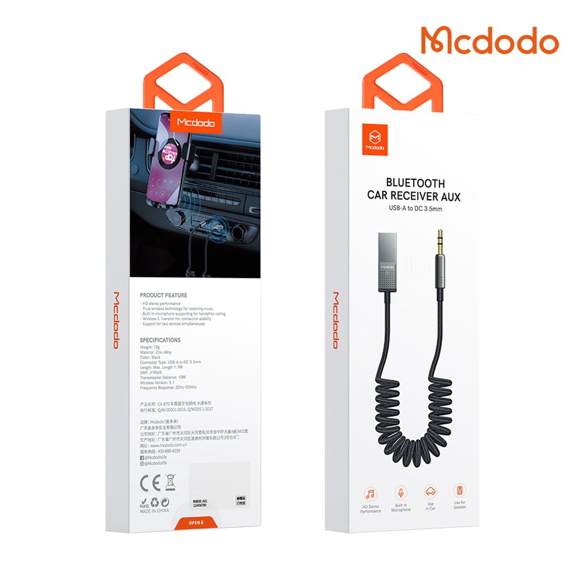 맥도도(MCDODO) 차량용 블루투스5.1 핸즈프리 자동차 AUX 오디오 수신 리시버 CA-8700