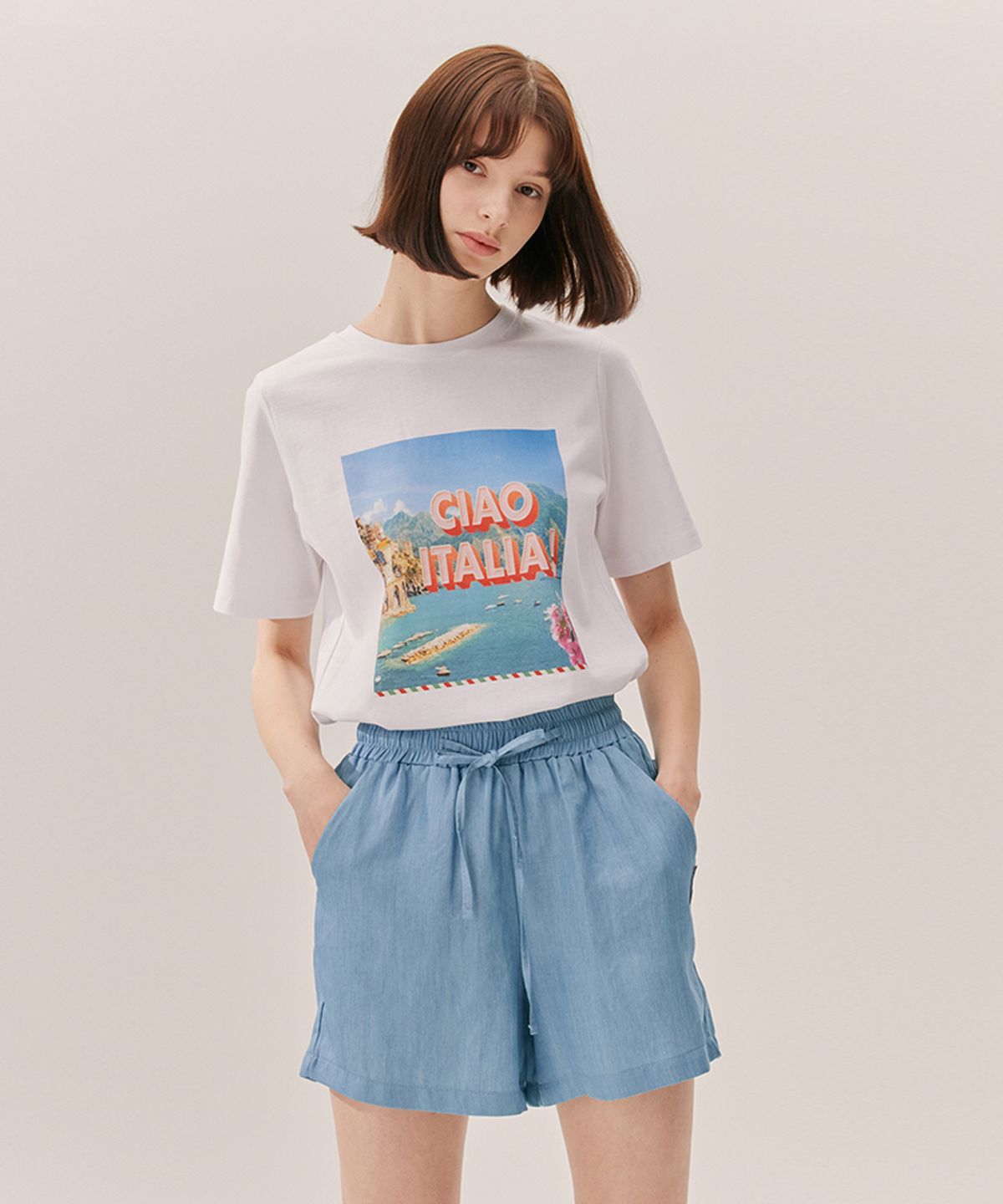 쎄뚜(CETU) 기본핏 프린트 라운드 반팔티 (화이트)