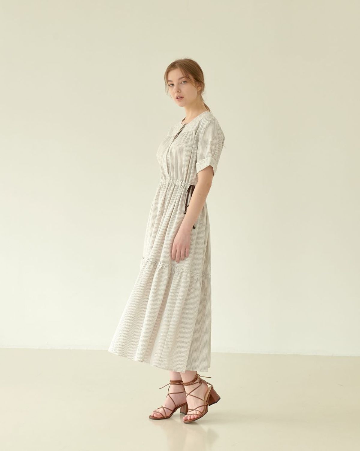 피노블랑코(PINO BLANCO) Brown Stripe Shirring Onepiece​