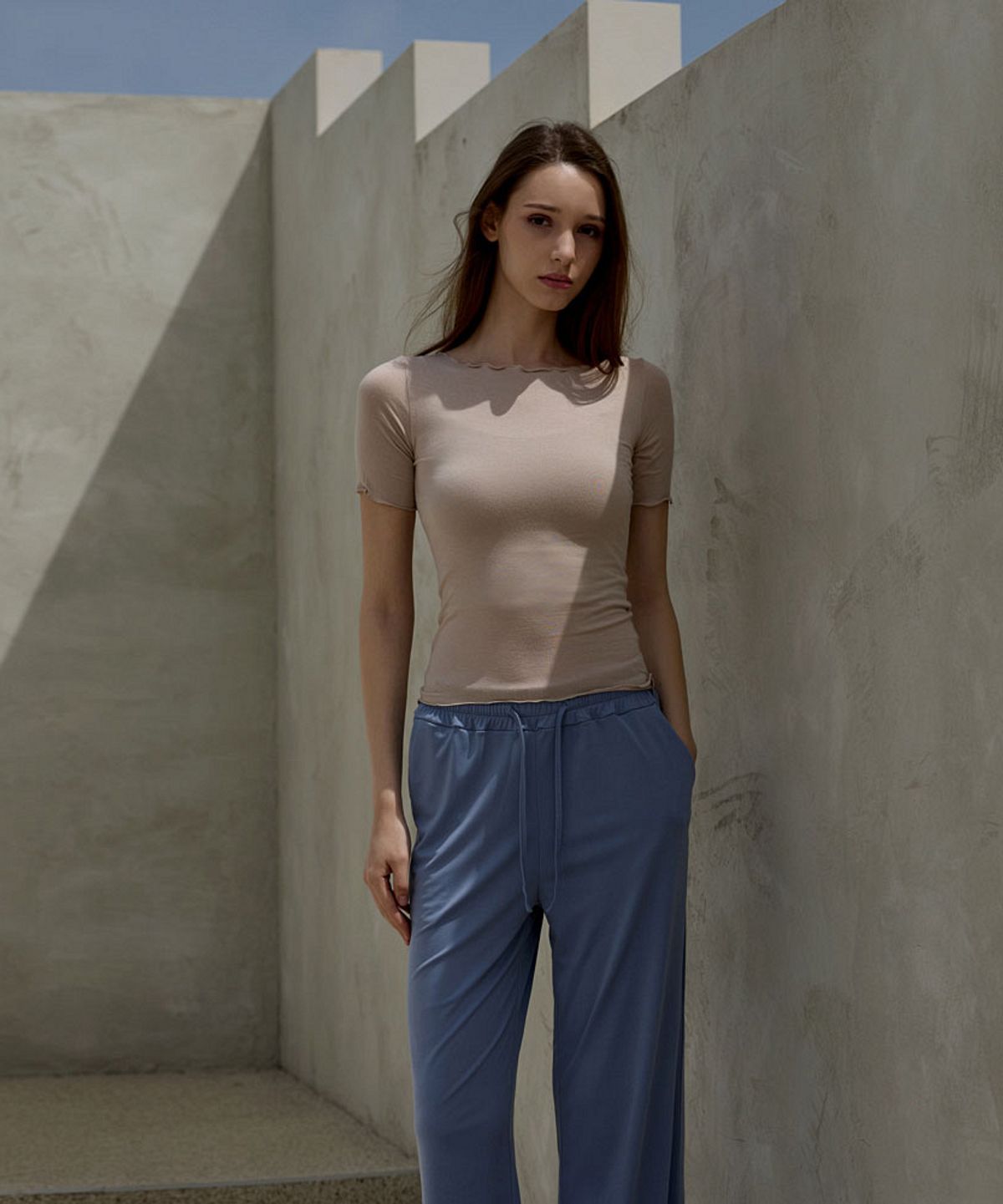 데비웨어(DEVIWEAR) 여성 요가복 DEVI-T0061-베이지 필라테스 슬림 반팔 물결티