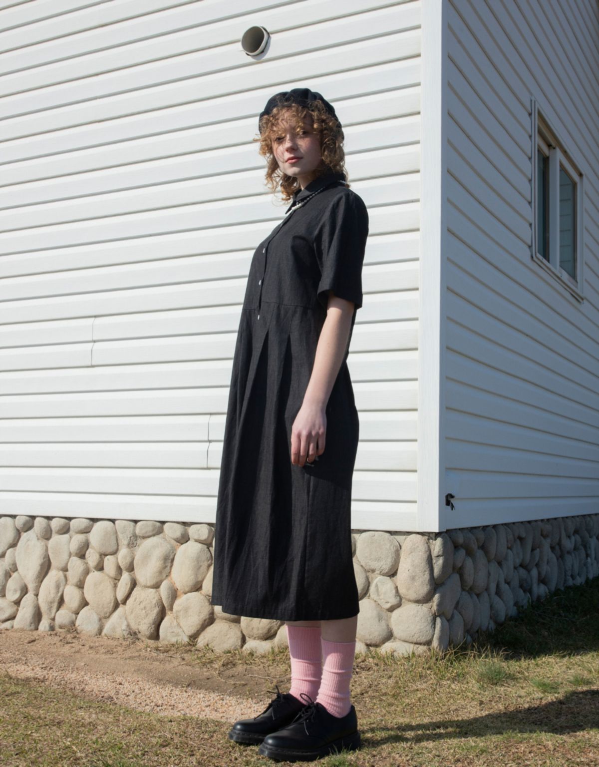 버나드밀즈(BERNARD MILLS) TURN UP SLEEVE DRESS - BLACK