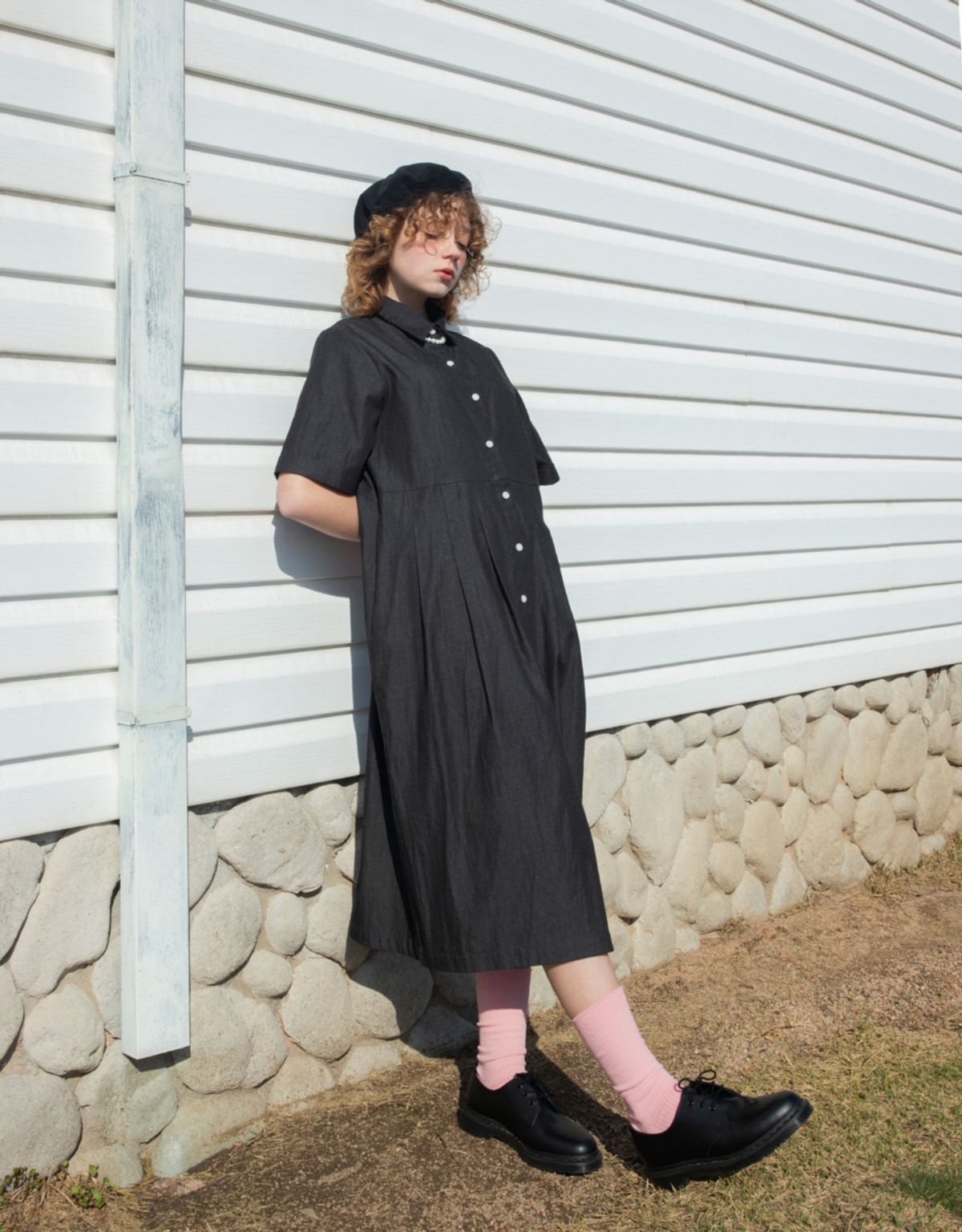 버나드밀즈(BERNARD MILLS) TURN UP SLEEVE DRESS - BLACK