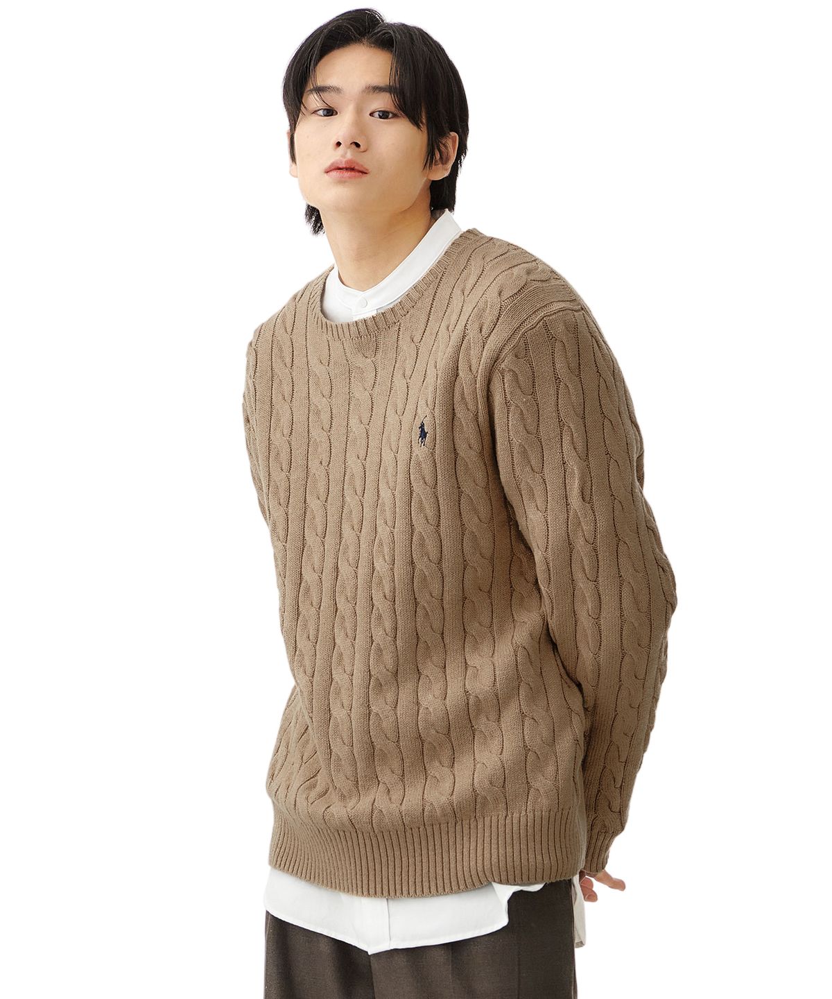 폴로 랄프 로렌(POLO RALPH LAUREN) 케이블니트 코튼 스웨터 - 브라운
