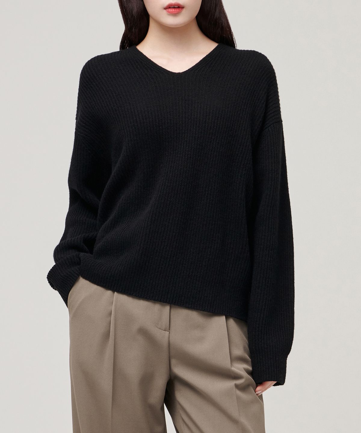 무신사 스탠다드 우먼(MUSINSA STANDARD WOMAN) 우먼즈 램스울 리브드 브이 넥 니트 [블랙]