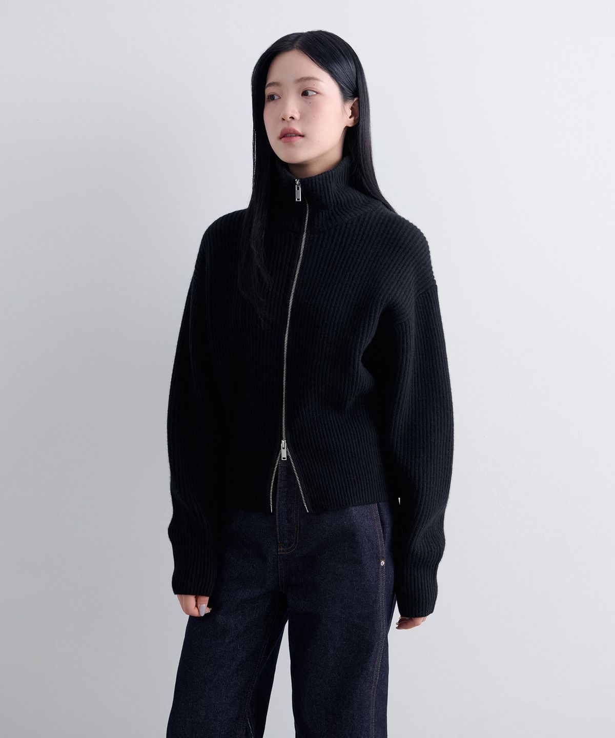 무신사 스탠다드 우먼(MUSINSA STANDARD WOMAN) 우먼즈 램스울 리브드 니트 집업 [블랙]
