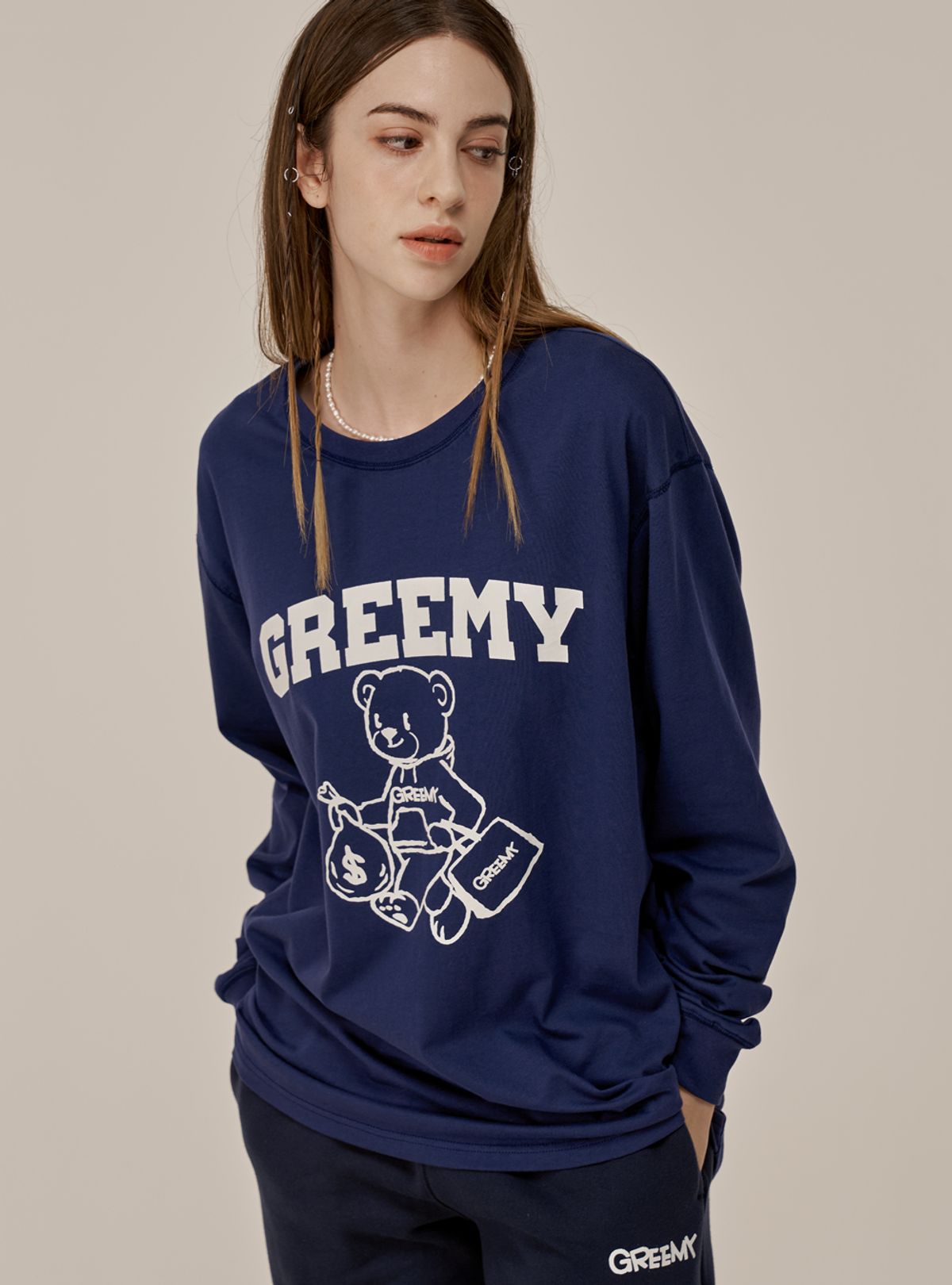 그리미(GREEMY) BEAR LONG SLEEVE T-SHIRTS(NAVY)