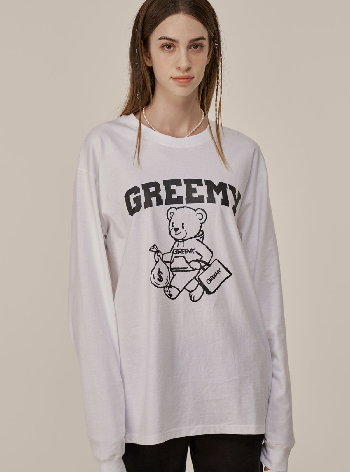 그리미(GREEMY) BEAR LONG SLEEVE T-SHIRTS(WHITE)