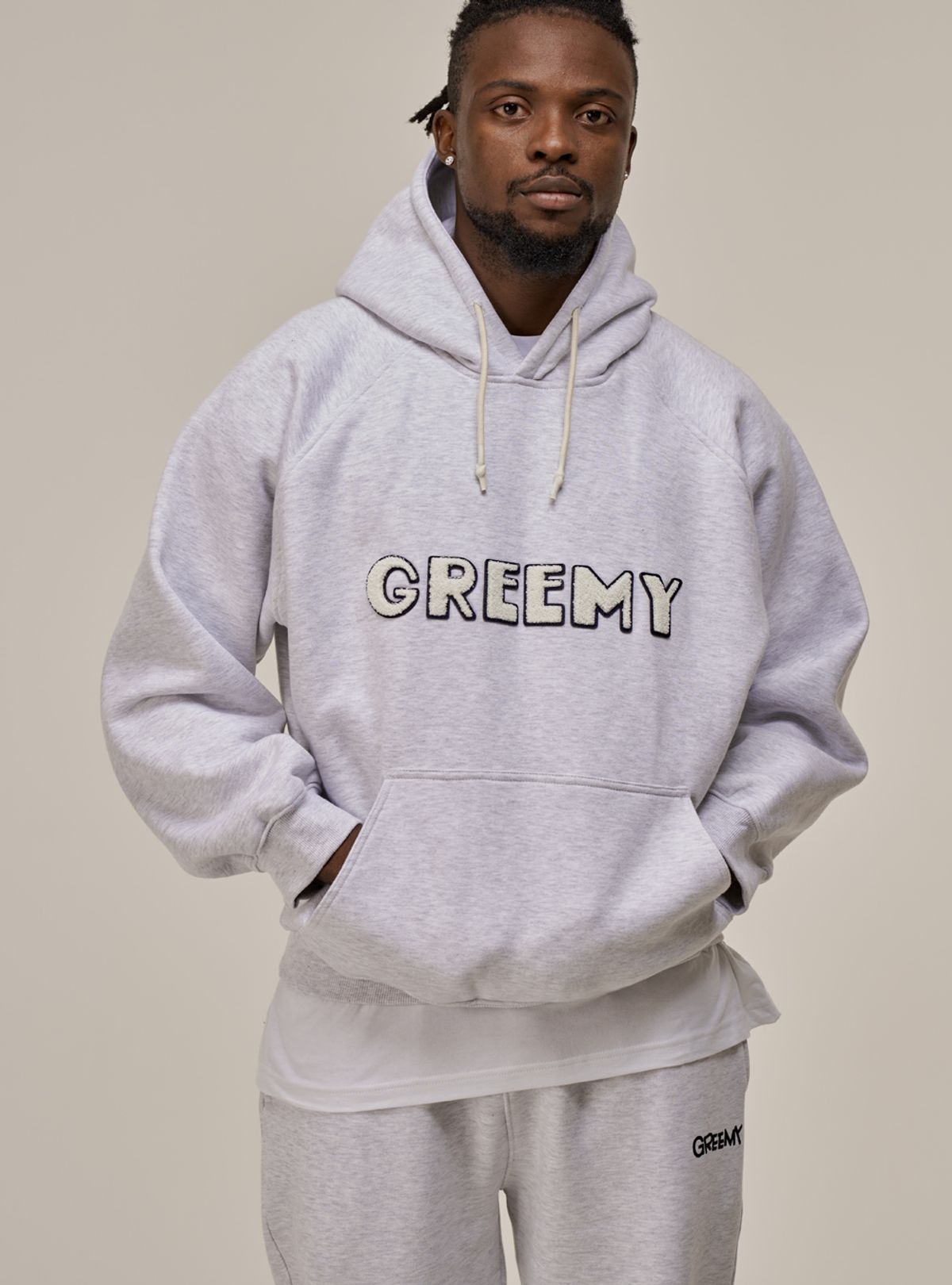 그리미(GREEMY) BOOKLE LOGO HOODIE(MELANGE GREY)