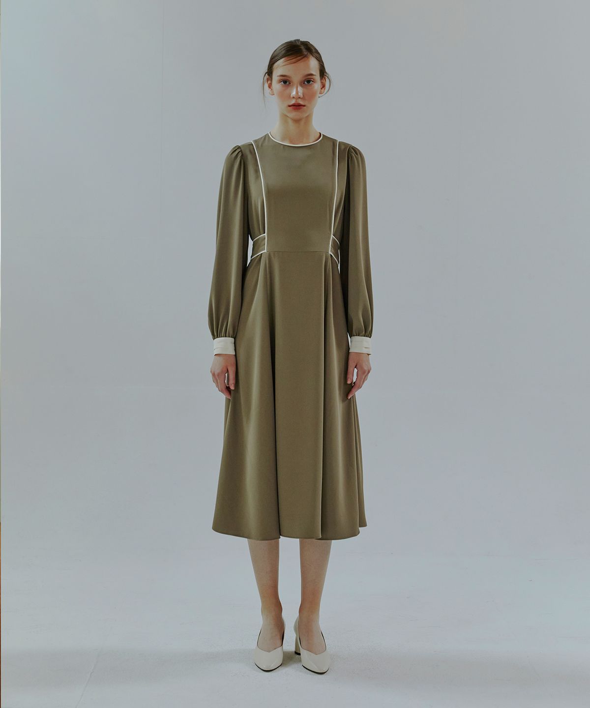에트몽(ETMON) Combination Color Piping Dress  Khaki Brown