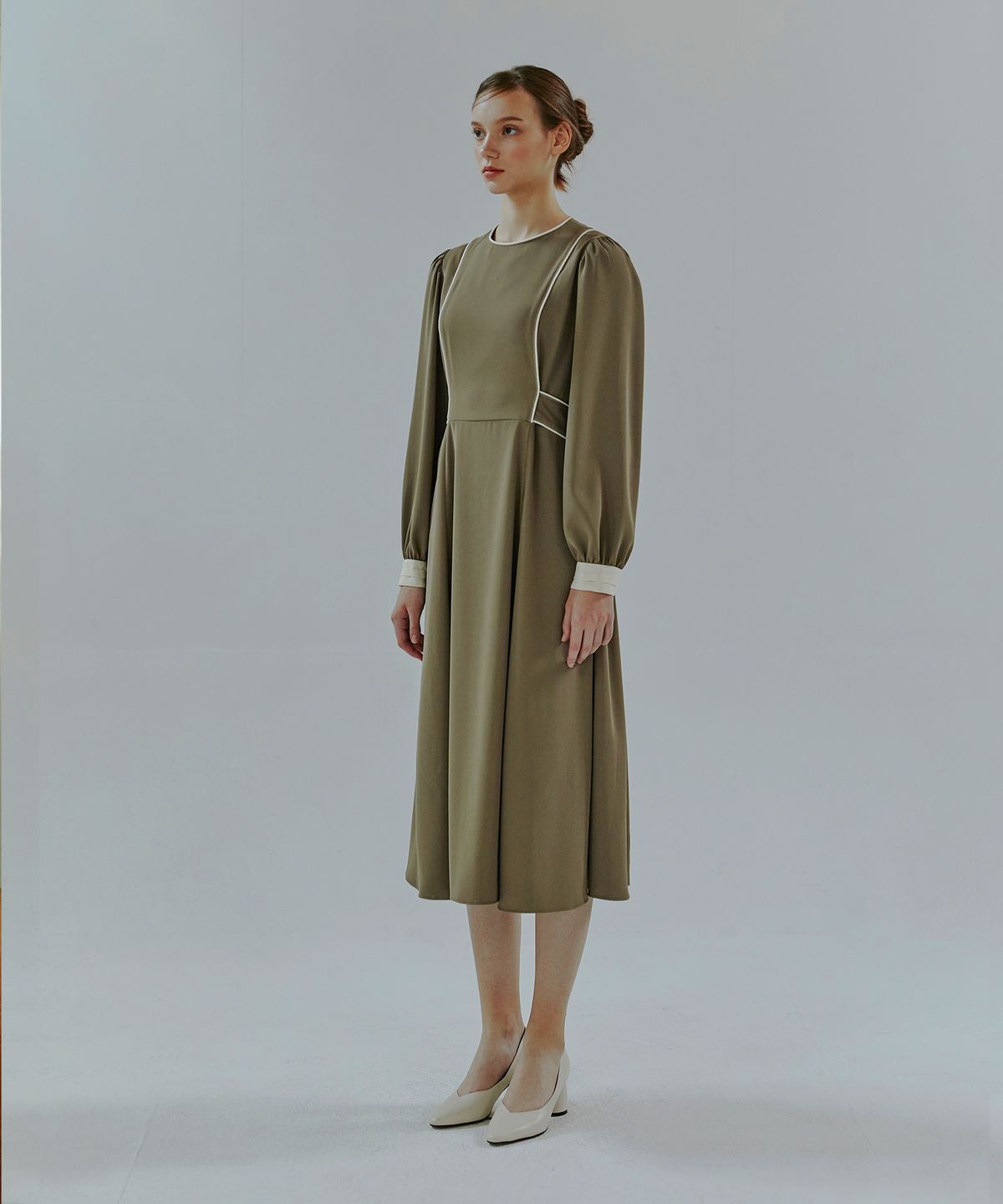 에트몽(ETMON) Combination Color Piping Dress  Khaki Brown
