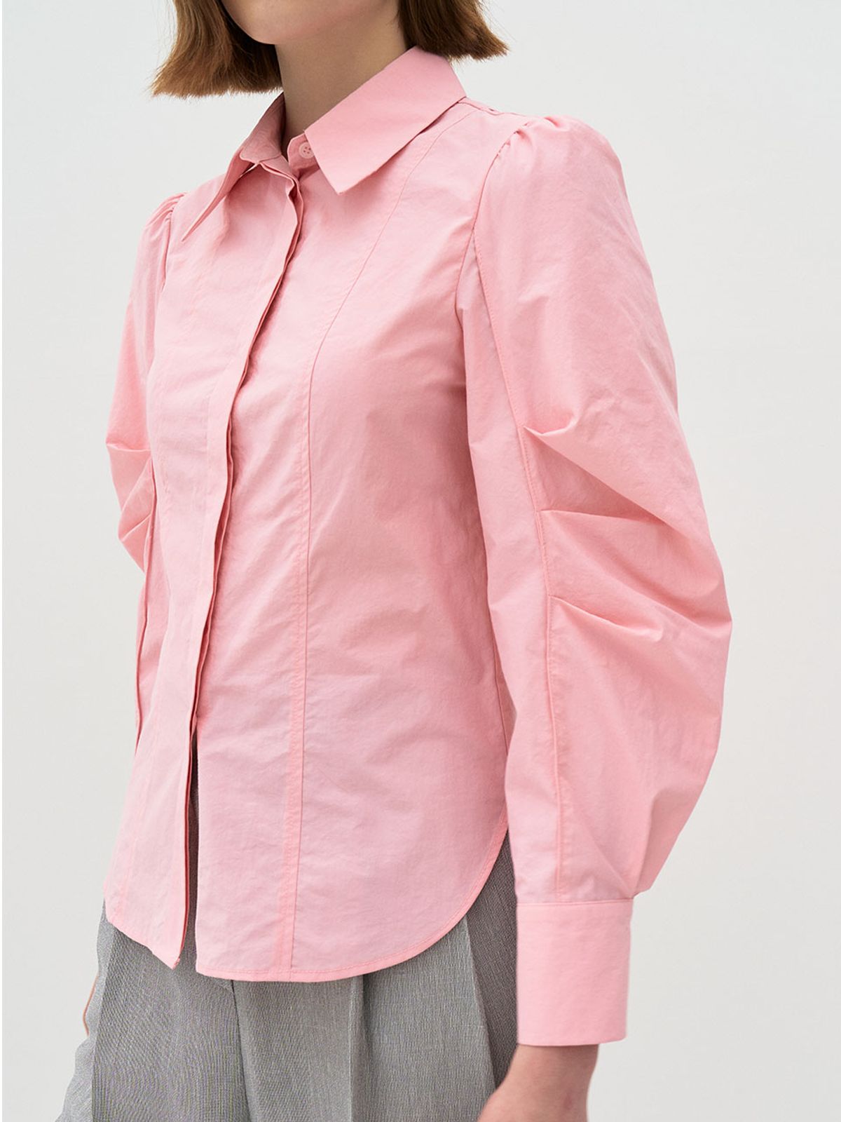 엣드맹(ETDEMAIN) 5P 턱 슬리브 코든 블랜드 셔츠 - 핑크