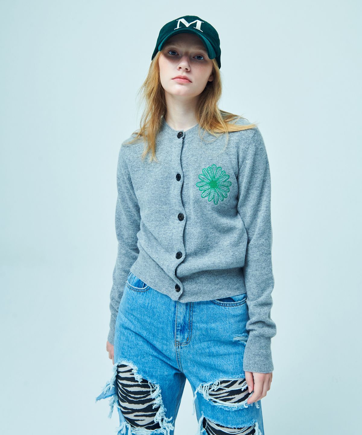 마르디 메크르디(MARDI MERCREDI) CASHMERE BLENDED CARDIGAN ROUND NECK_GREY GREEN