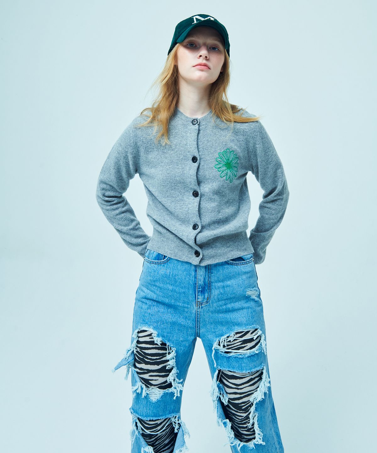 마르디 메크르디(MARDI MERCREDI) CASHMERE BLENDED CARDIGAN ROUND NECK_GREY GREEN