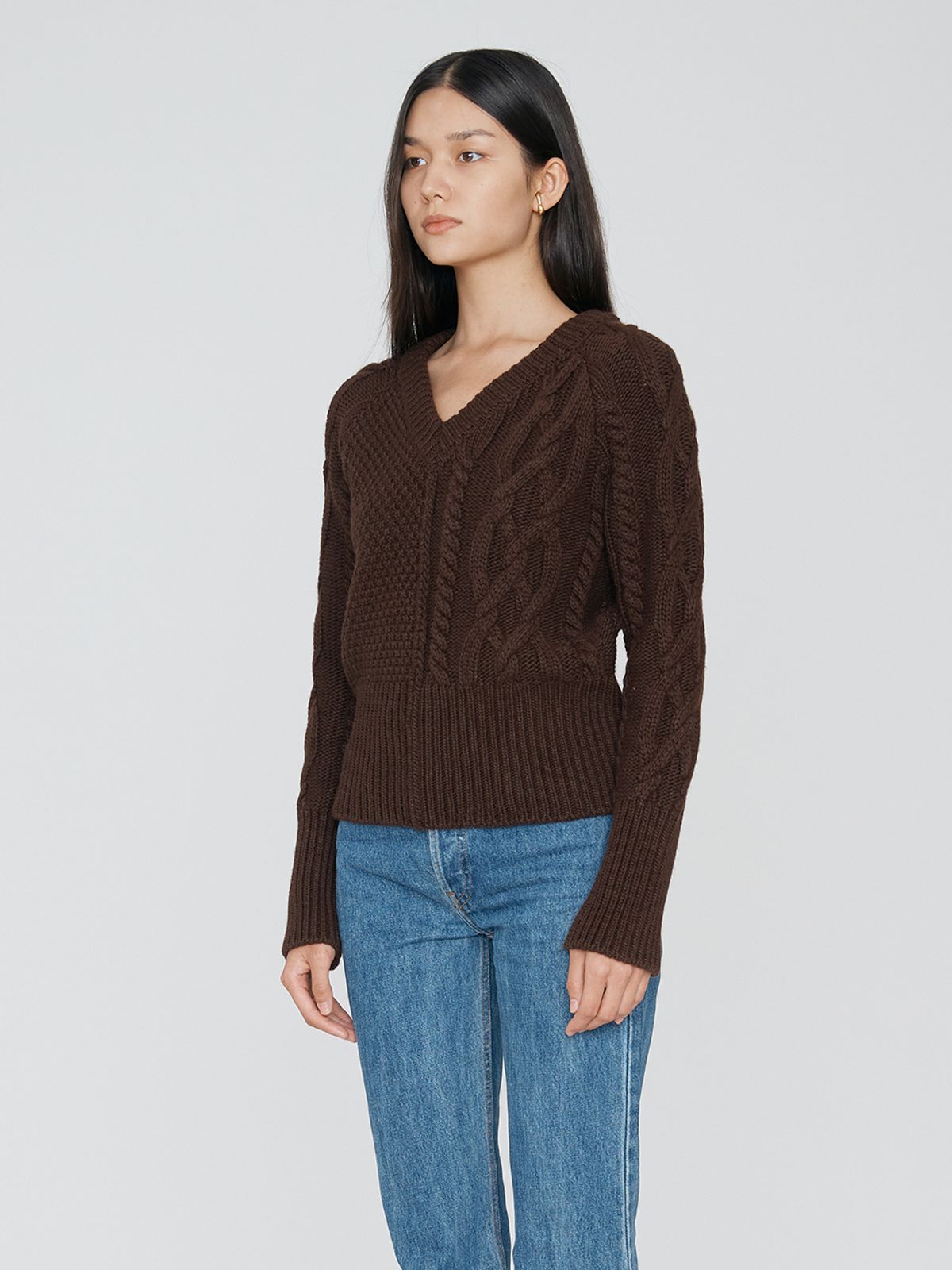 렘플레이스먼트(REMPLACEMENT) HALF & HALF CABLE V-NECK KNIT -BROWN
