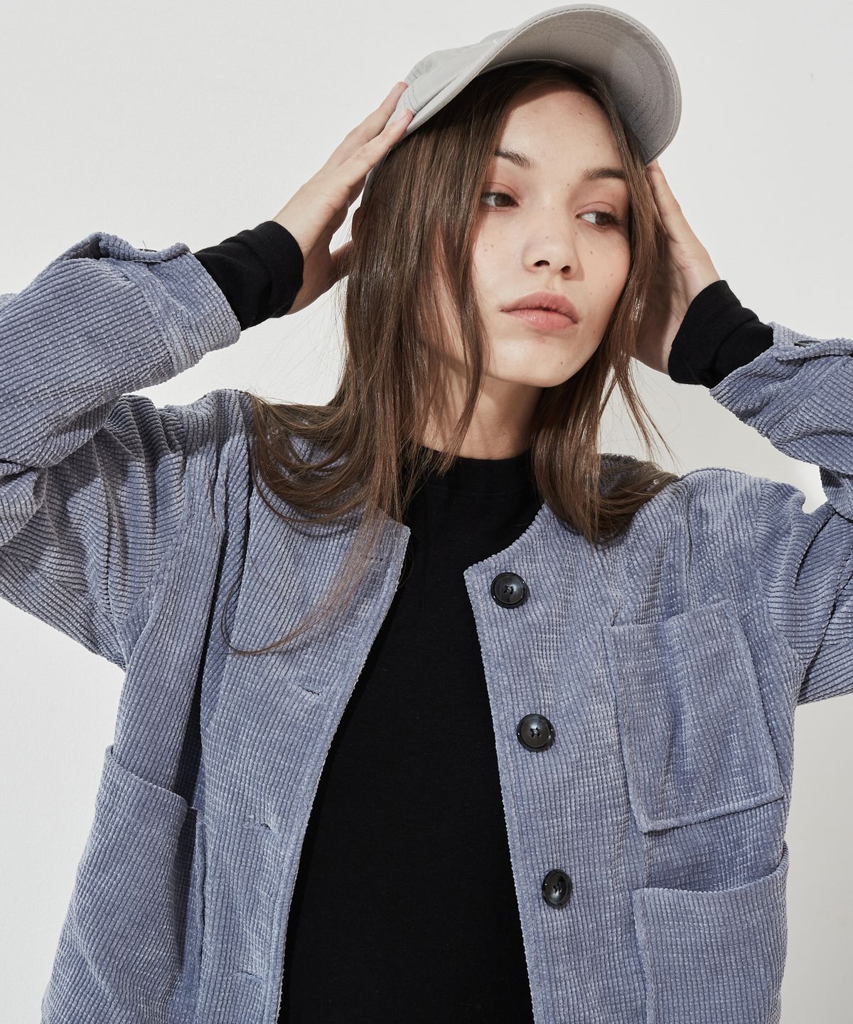 마나비스세븐(MANAVIS7) No Collar Corduroy Jacket Blue