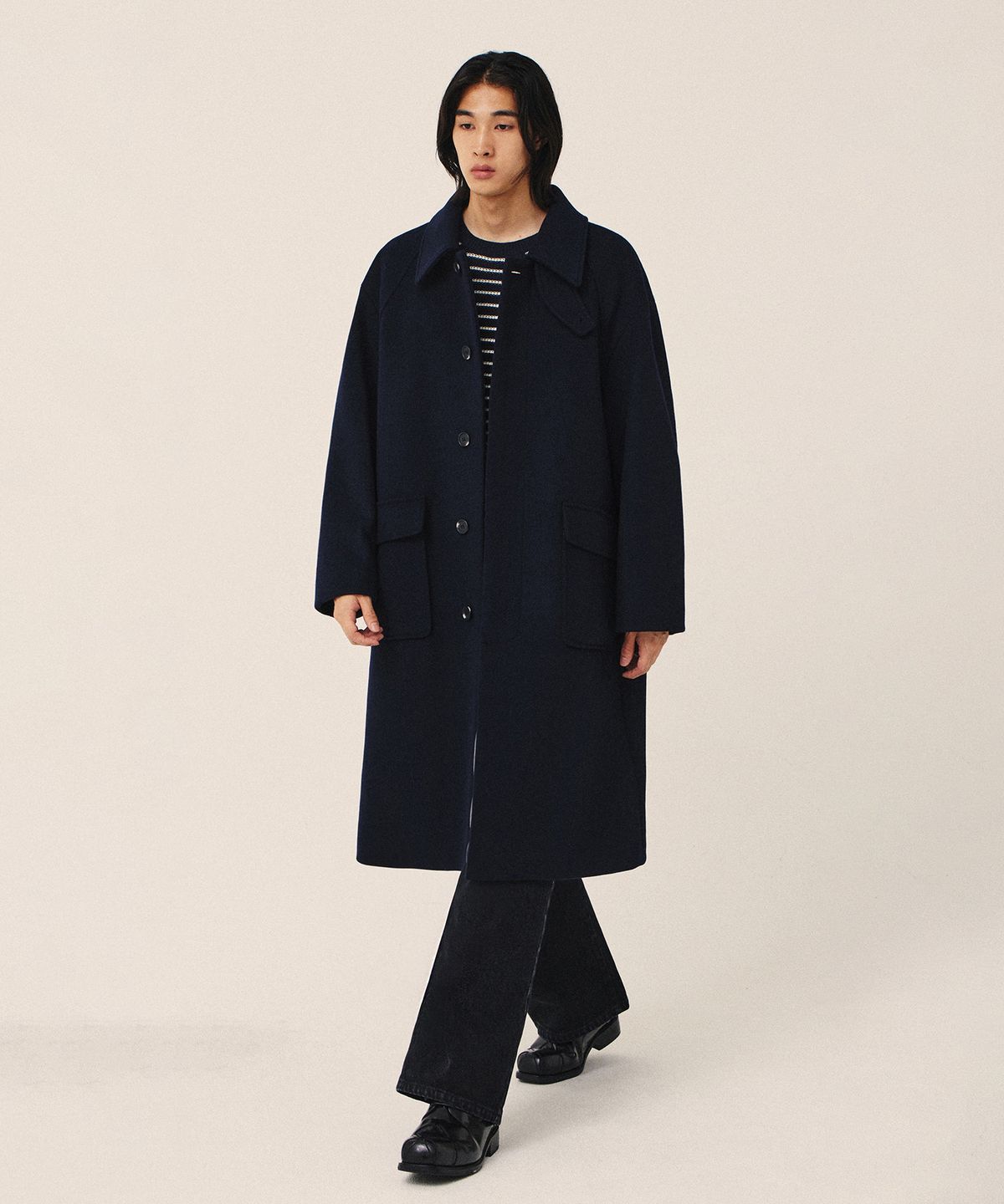 키뮤어(KIIMUIR) [WOOL 80] 울 세미오버핏 발마칸 코트_네이비