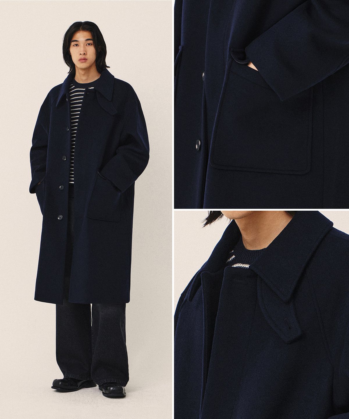 키뮤어(KIIMUIR) [WOOL 80] 울 세미오버핏 발마칸 코트_네이비