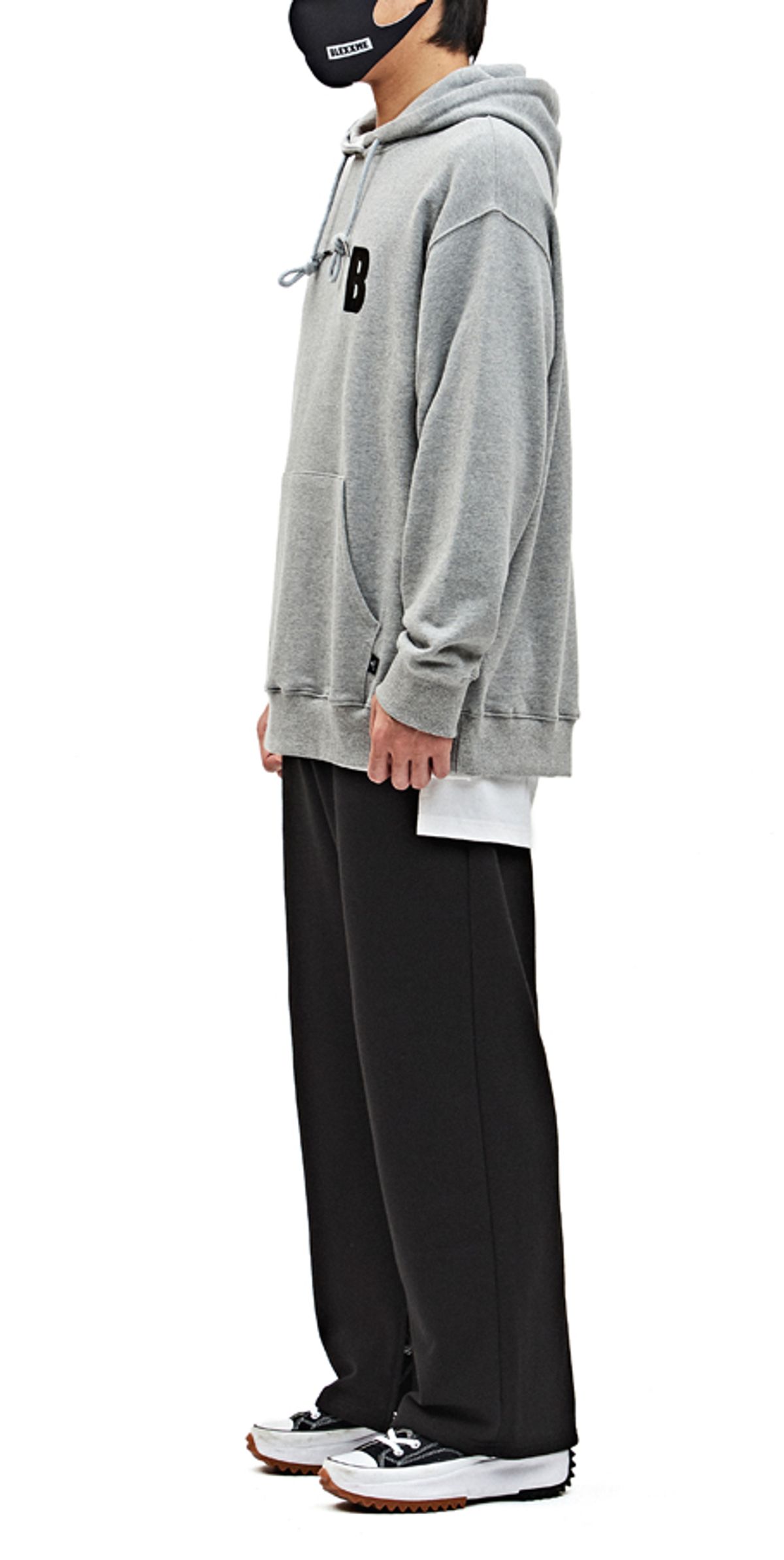블랙스미(BLEXXME) B LOGO PATCH OVERSIZE FIT HOOD T-SHIRT GREY