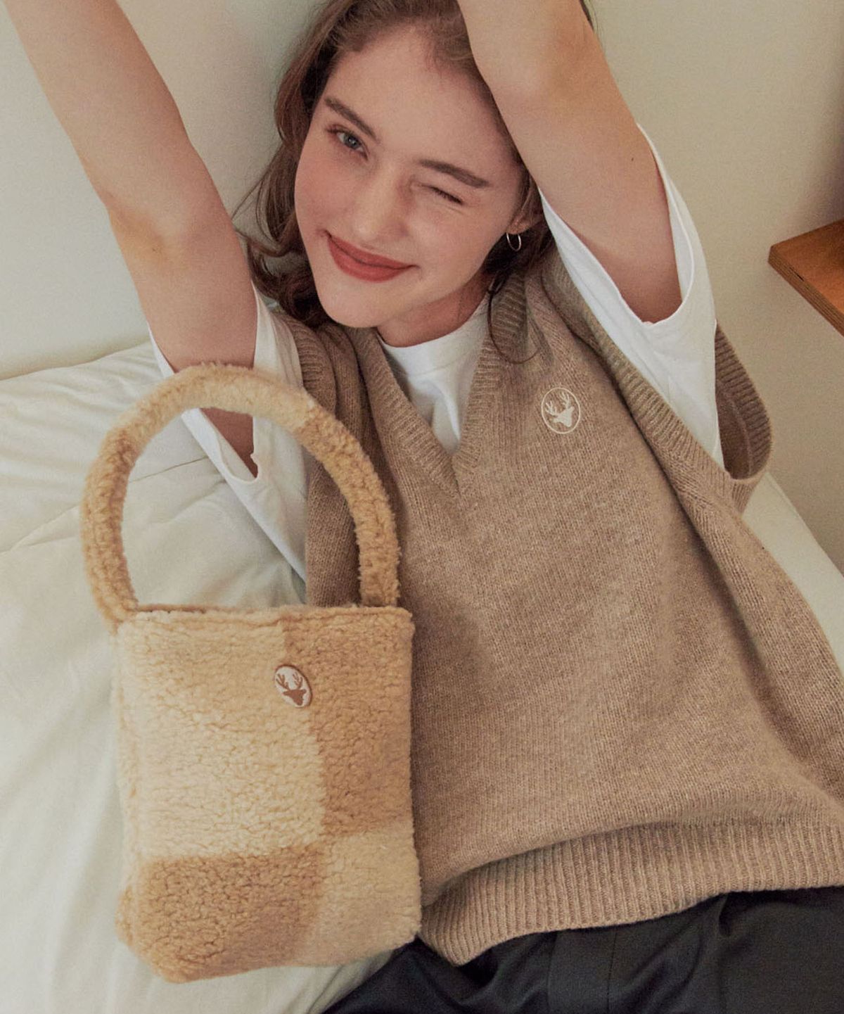 디어마이디어(DEARMYDEER) Checkerboard fur bag_beige