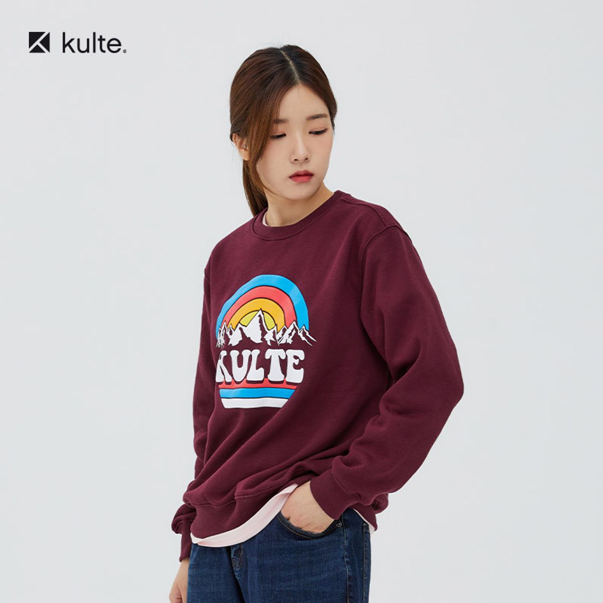 쿨트(KULTE) 018 레인보우 크루넥 맨투맨 와인