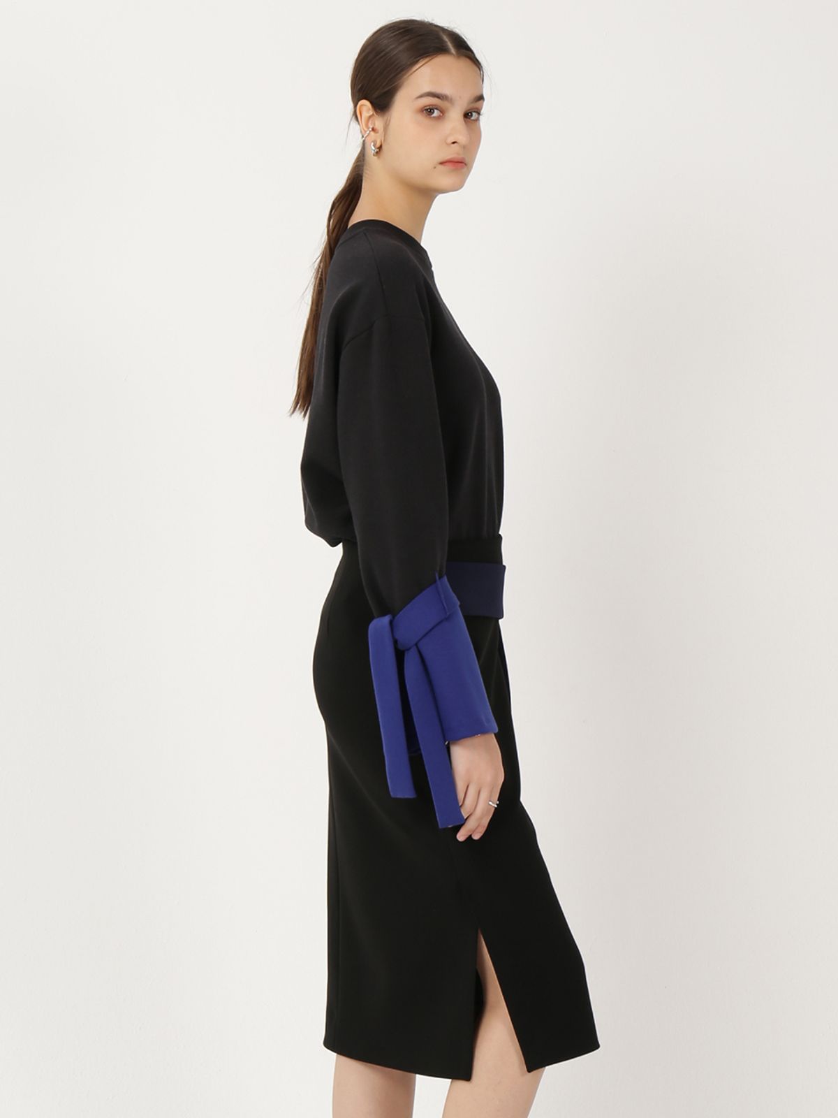 르이엘(LE YIEL) Color Block Midi Skirt_Black 컬러 블럭 미디 스커트_블랙