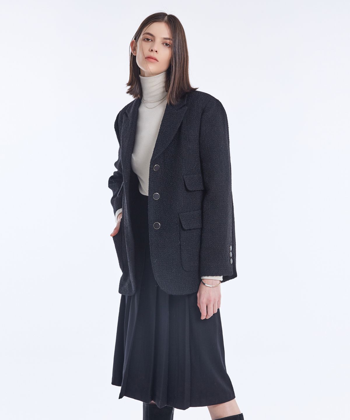 네벨에브리웨어(NEBELEVERYWEAR) GLOW TWEED JACKET_BLACK