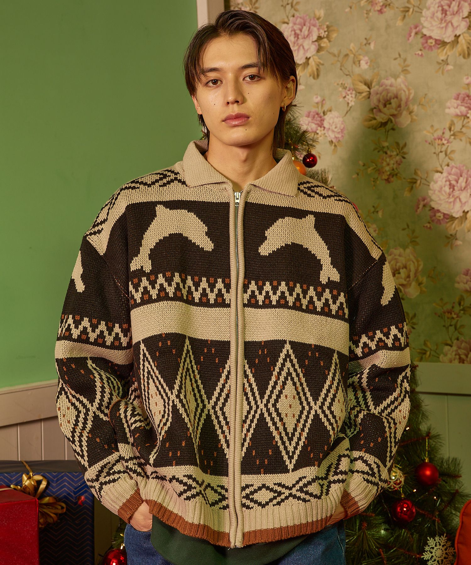 さらに100円引き◆WAI KEI◆Dolphin knit cardigan MUSINSA公式 | WAI KEI DOLPHIN NORDIC ZIP-UP CARDIGAN BEIGE