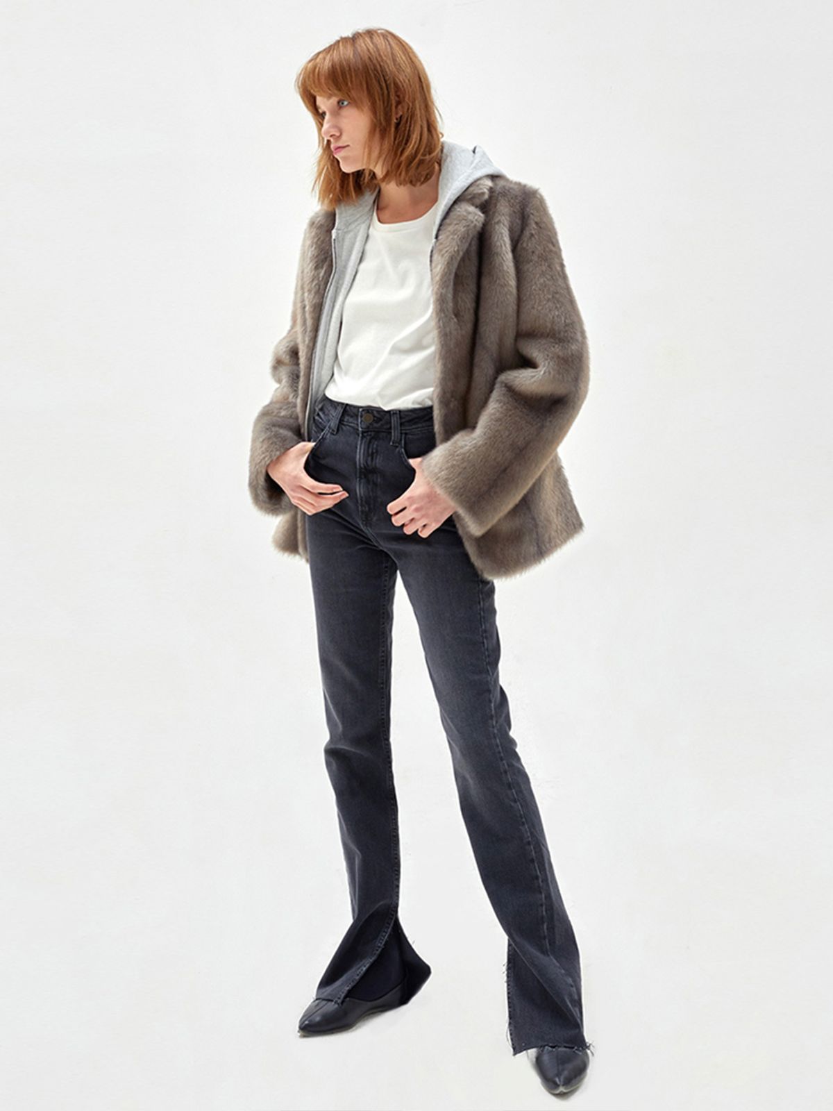 해브레스(HAVELESS) JENNIE FAUX FUR MUSATNG JACKET GREY