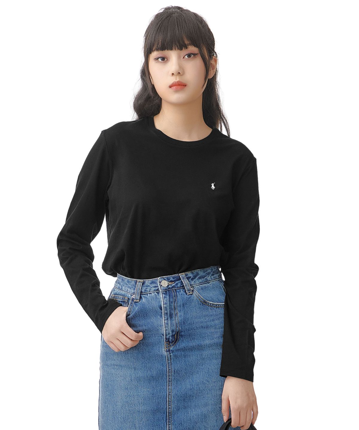 폴로 랄프 로렌(POLO RALPH LAUREN) 리퀴드 코튼 롱슬리브 크루넥 슬립 티셔츠 - 블랙