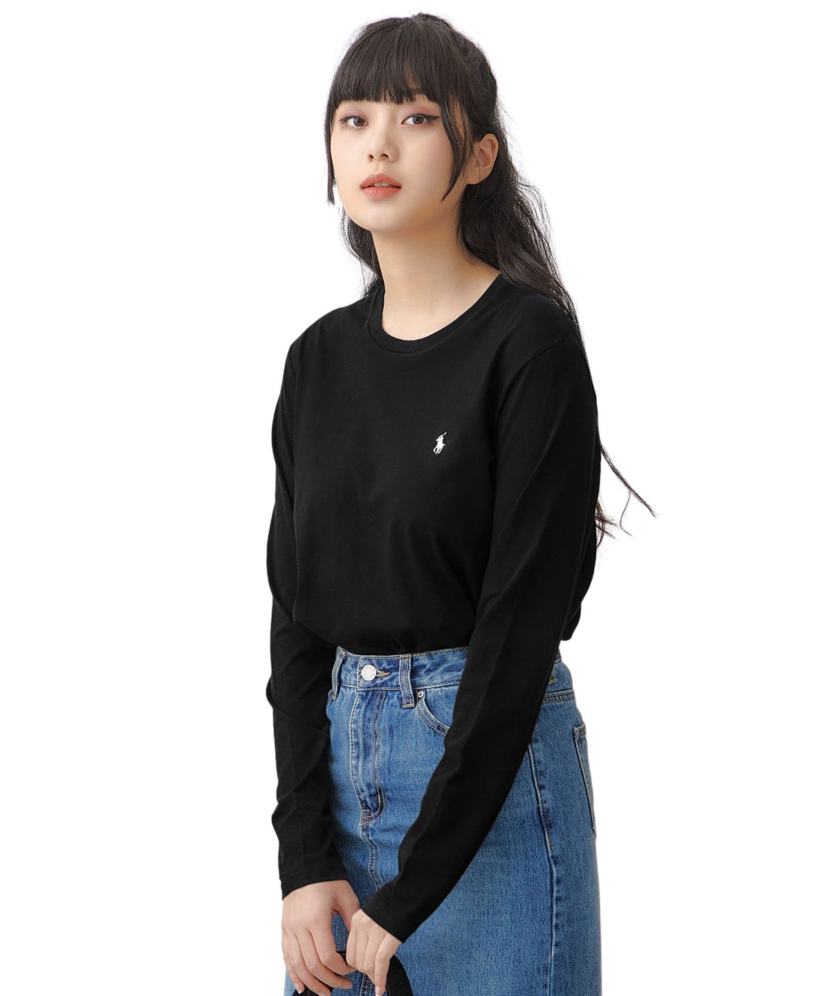 폴로 랄프 로렌(POLO RALPH LAUREN) 리퀴드 코튼 롱슬리브 크루넥 슬립 티셔츠 - 블랙