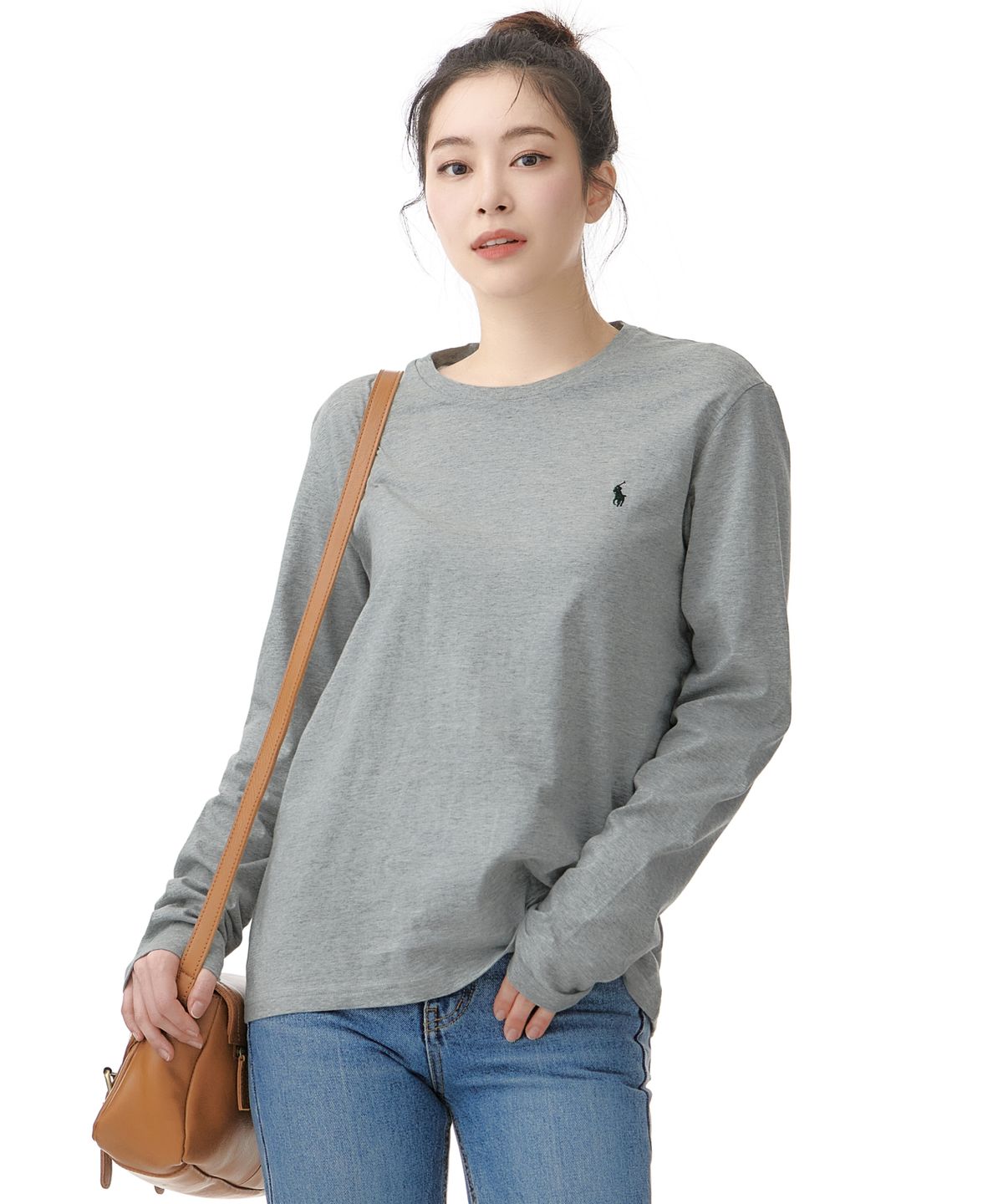폴로 랄프 로렌(POLO RALPH LAUREN) 리퀴트 코튼 롱슬리브 크루넥 슬립 티셔츠 - 그레이