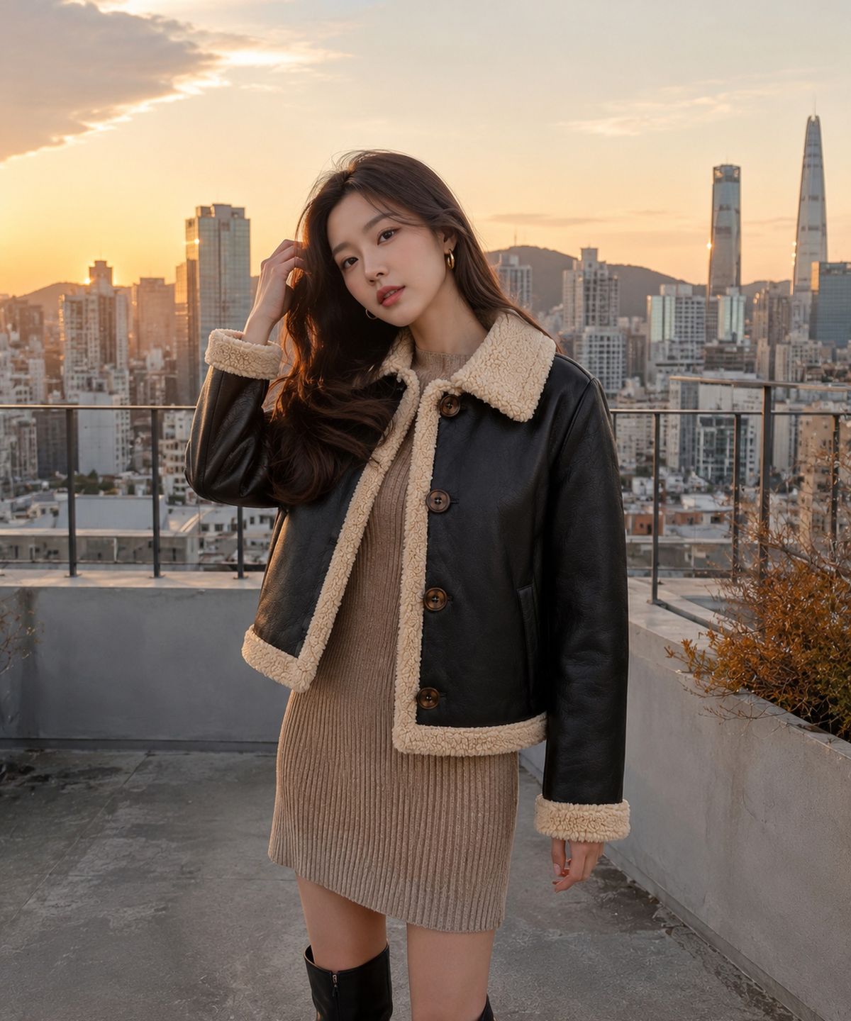 콜릿(KOLEAT) WOMEN 오버핏 무스탕 플리스 단추 자켓 Black_Beige [단추 ver.]
