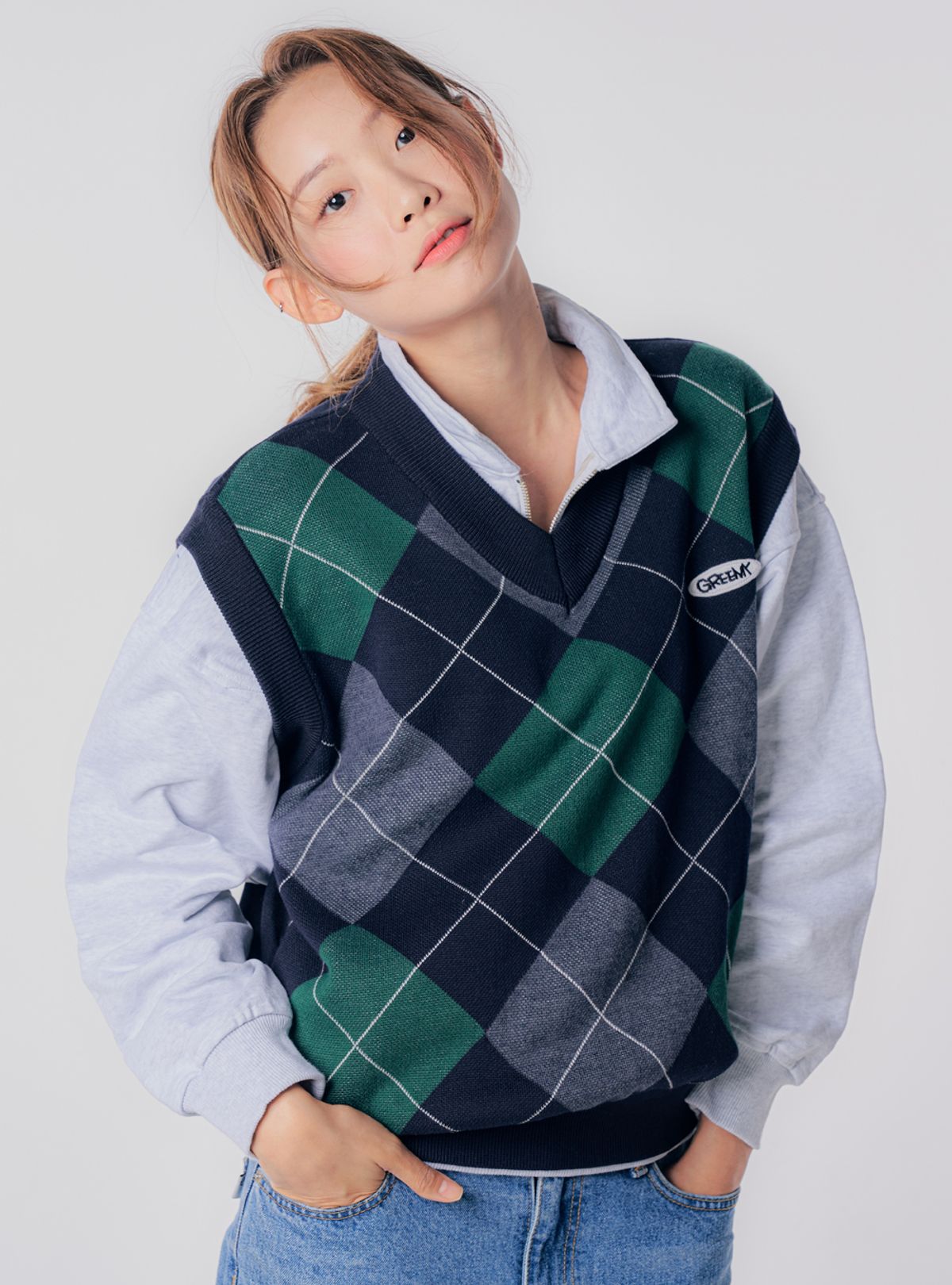그리미(GREEMY) ARGYLE KNIT VEST(GREEN)