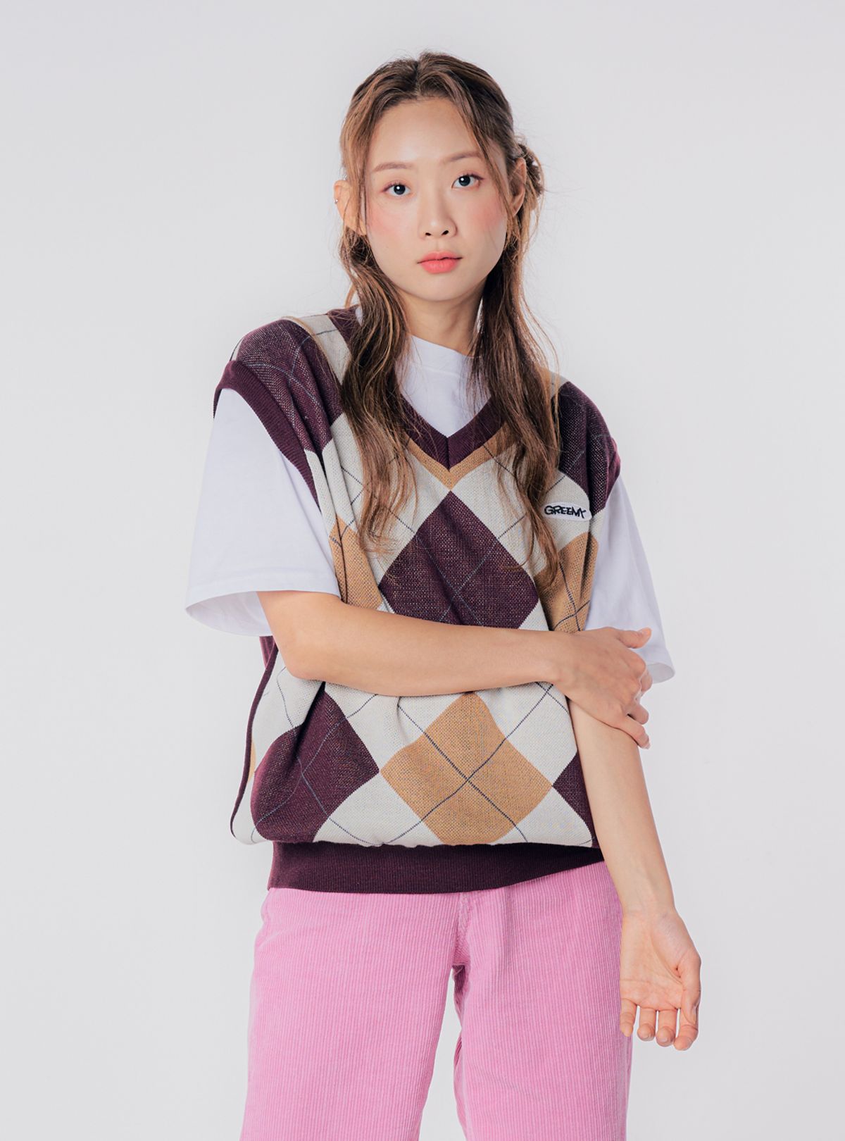 그리미(GREEMY) ARGYLE KNIT VEST(BURGUNDY)