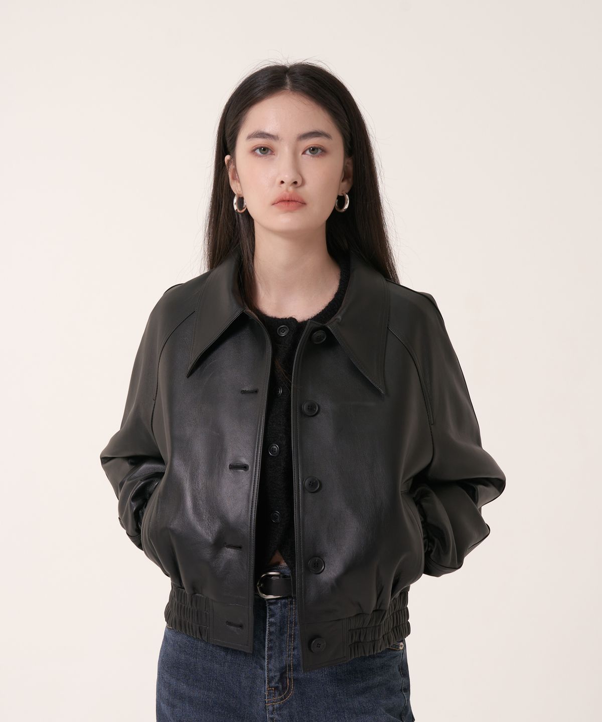 아웃셀(OUTSHELL) 레더와이드카라블루종자켓블랙