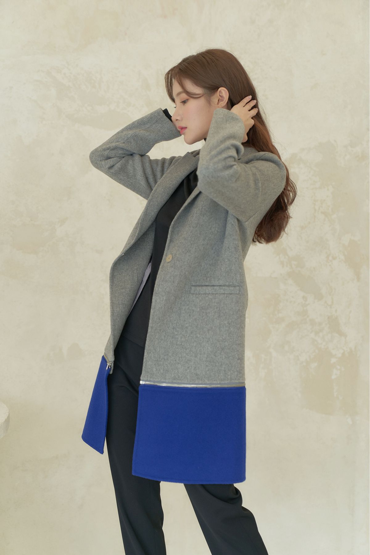 제이올(J-ALL) 마리 칼라 블록 코트 그레이/블루