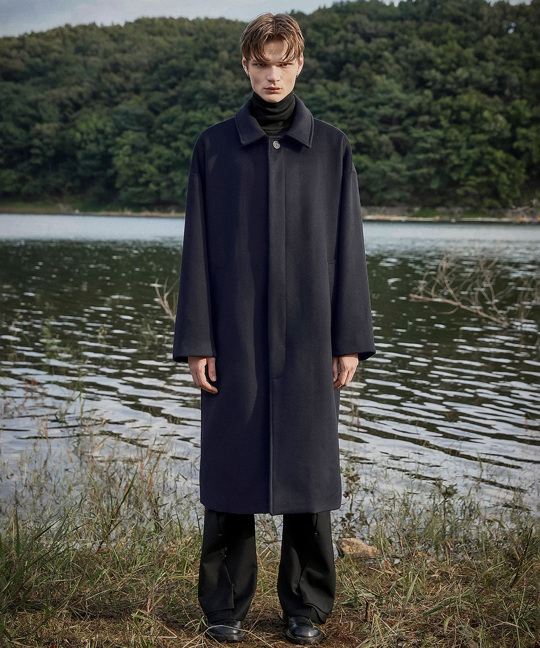 MUSINSA | FLAREUP Oversized Wool Balmacaan Long Coat - Navy