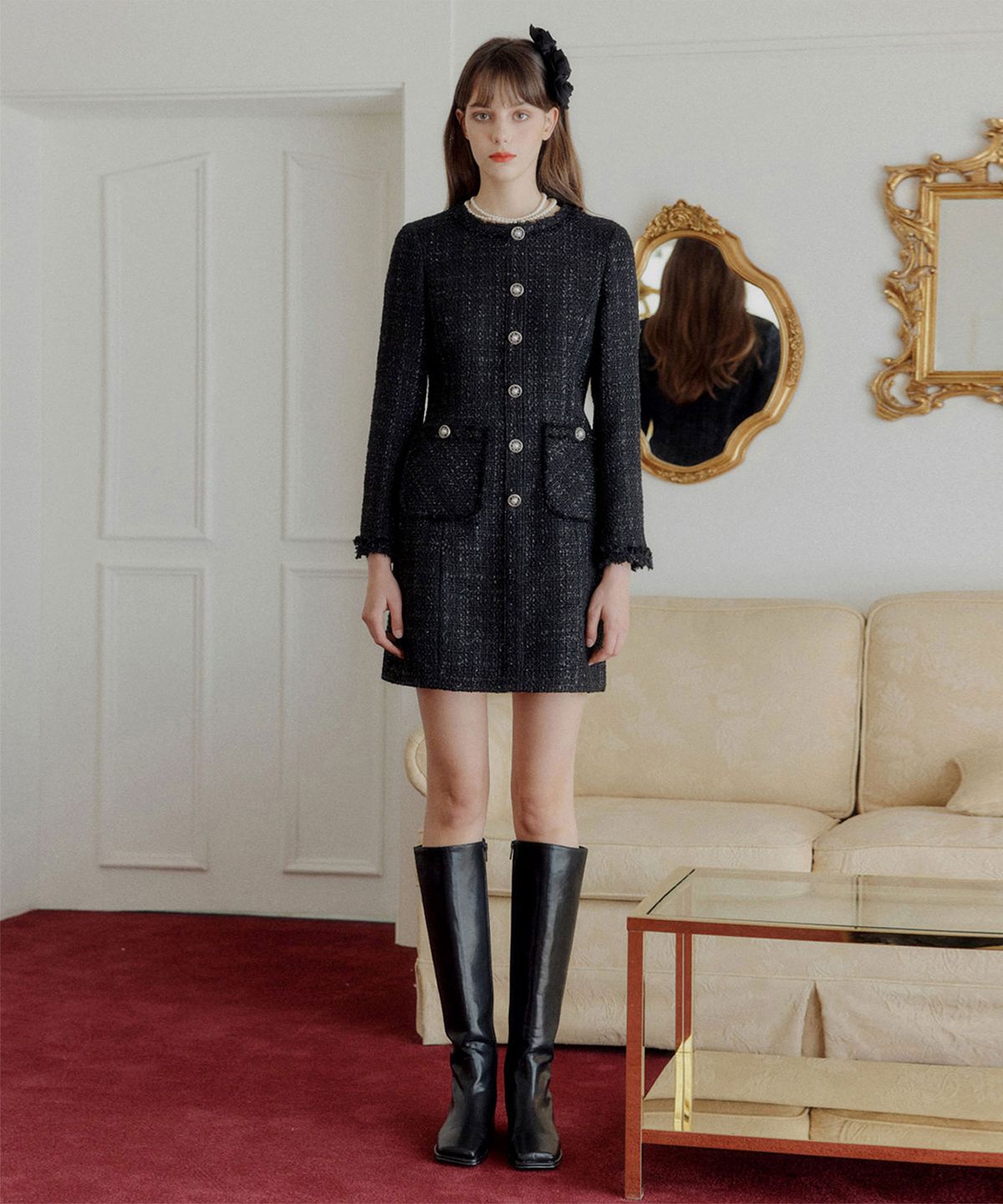 룩캐스트(LOOKAST) 블랙 라운드 트위드 원피스 / BLACK ROUND TWEED DRESS