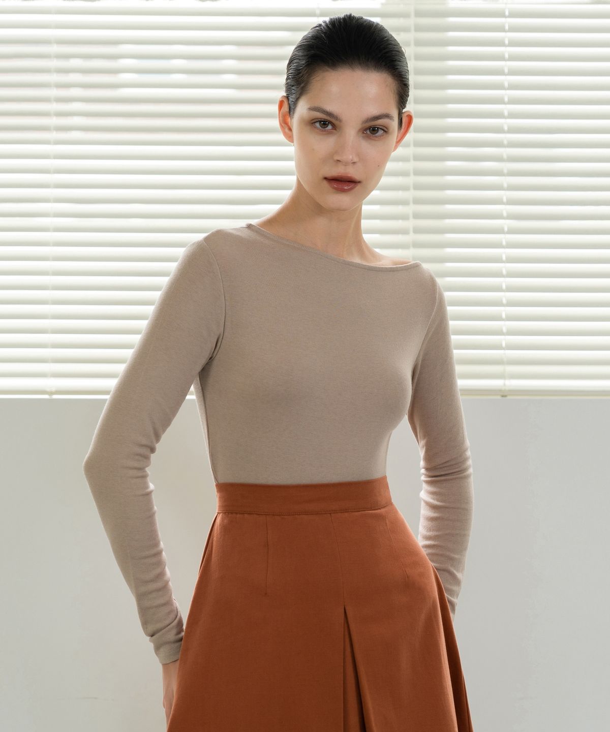 레트흐드레뚜왈(LETTRE DE LE TOILE) Cotton box pleated A-line skirt (brown)