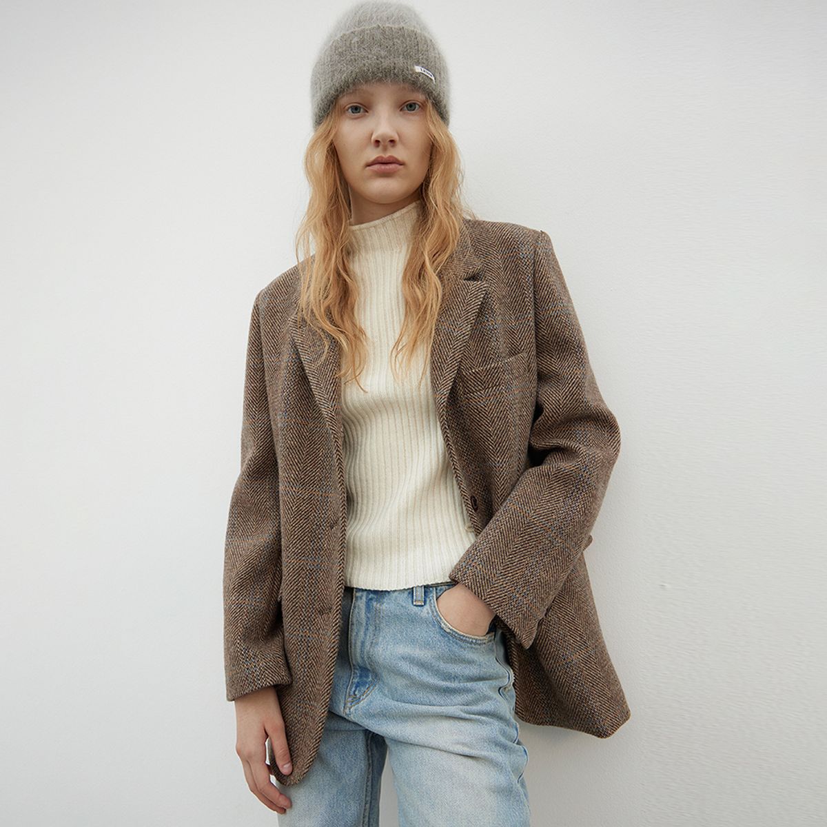 르바(LEVAR) Alpaca Check Quilting Jacket - Brown