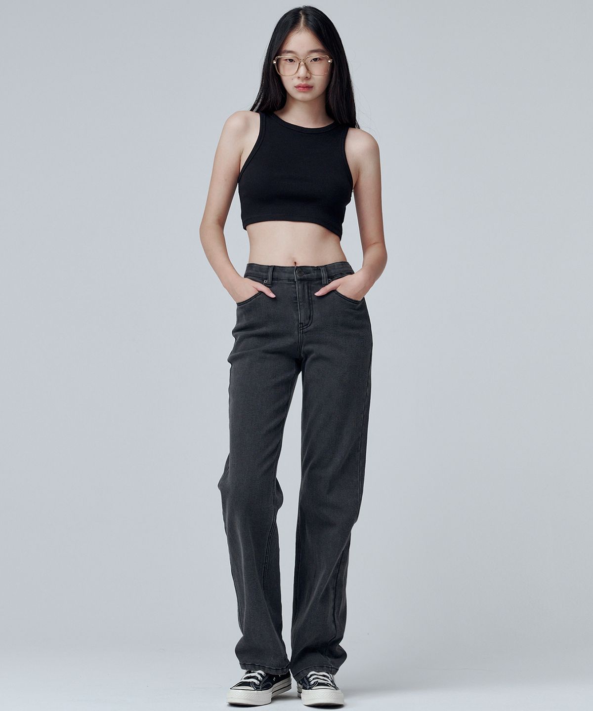 마롭(MALOUPE) 9101 기모 하이라이즈 와이드 데님팬츠 (그레이)