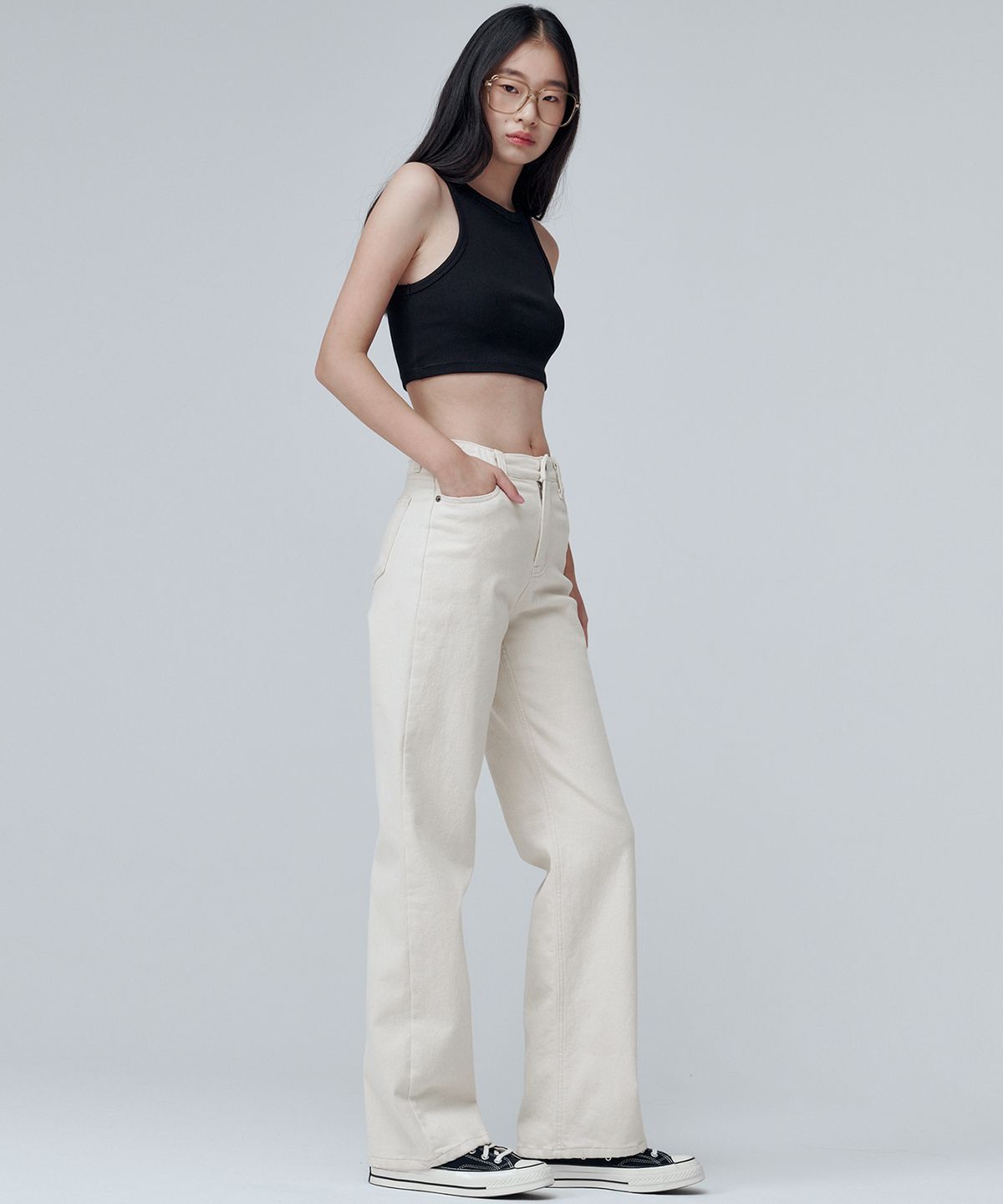 마롭(MALOUPE) 9101 기모 하이라이즈 와이드 데님팬츠 (크림)