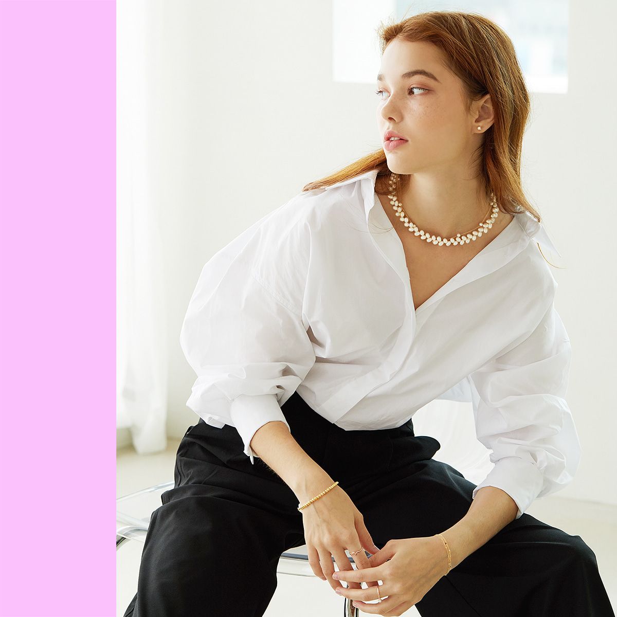 매즈믹(MEZMIC) 페어리 컬렉션 핑크 타원진주 스트랜드 925 스털링 실버 목걸이