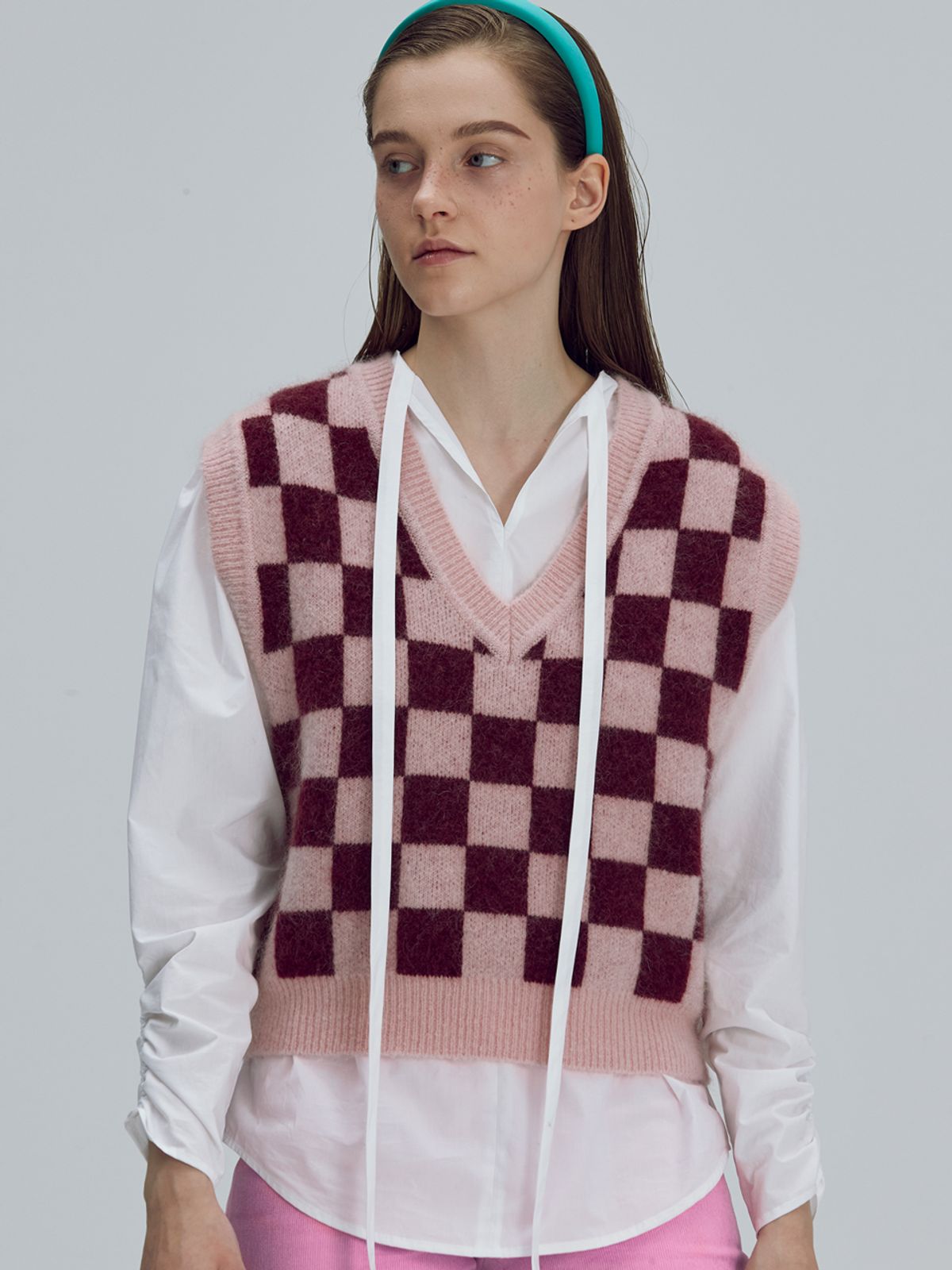 비뮤즈맨션(BEMUSE MANSION) Kid-mohair checkerboard vest - Black