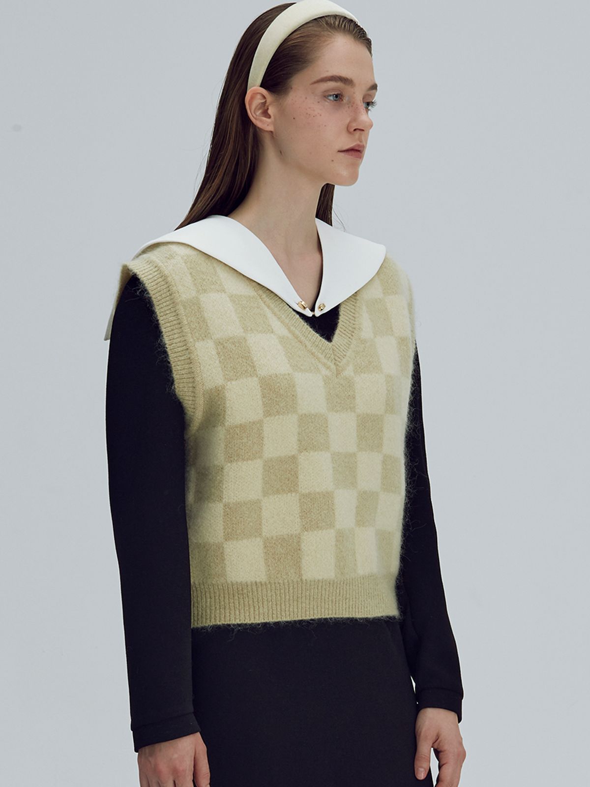 비뮤즈맨션(BEMUSE MANSION) Kid-mohair checkerboard vest - Black